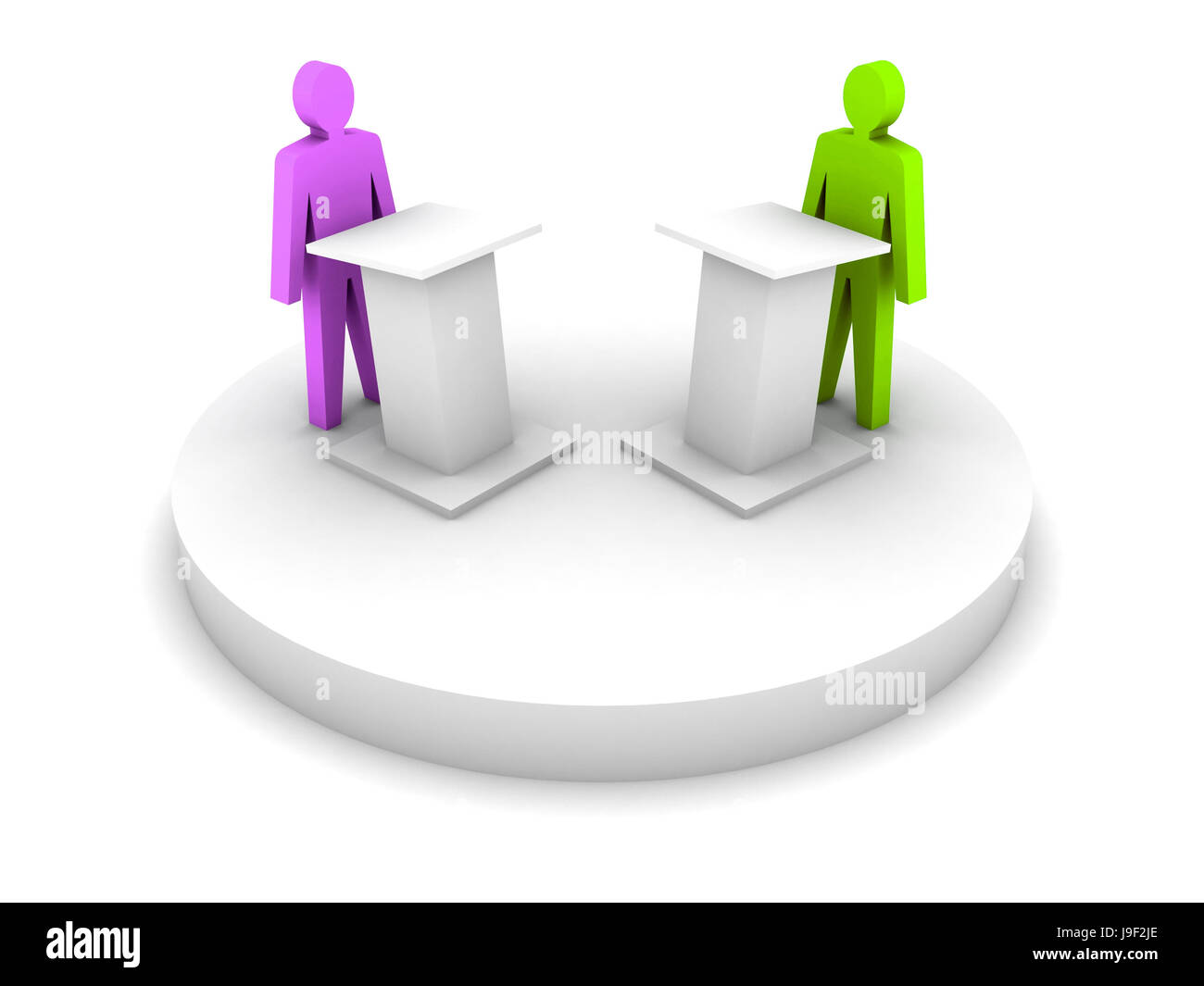 Debatte. Sprechen von einer Tribüne, Konfrontation. Stockfoto