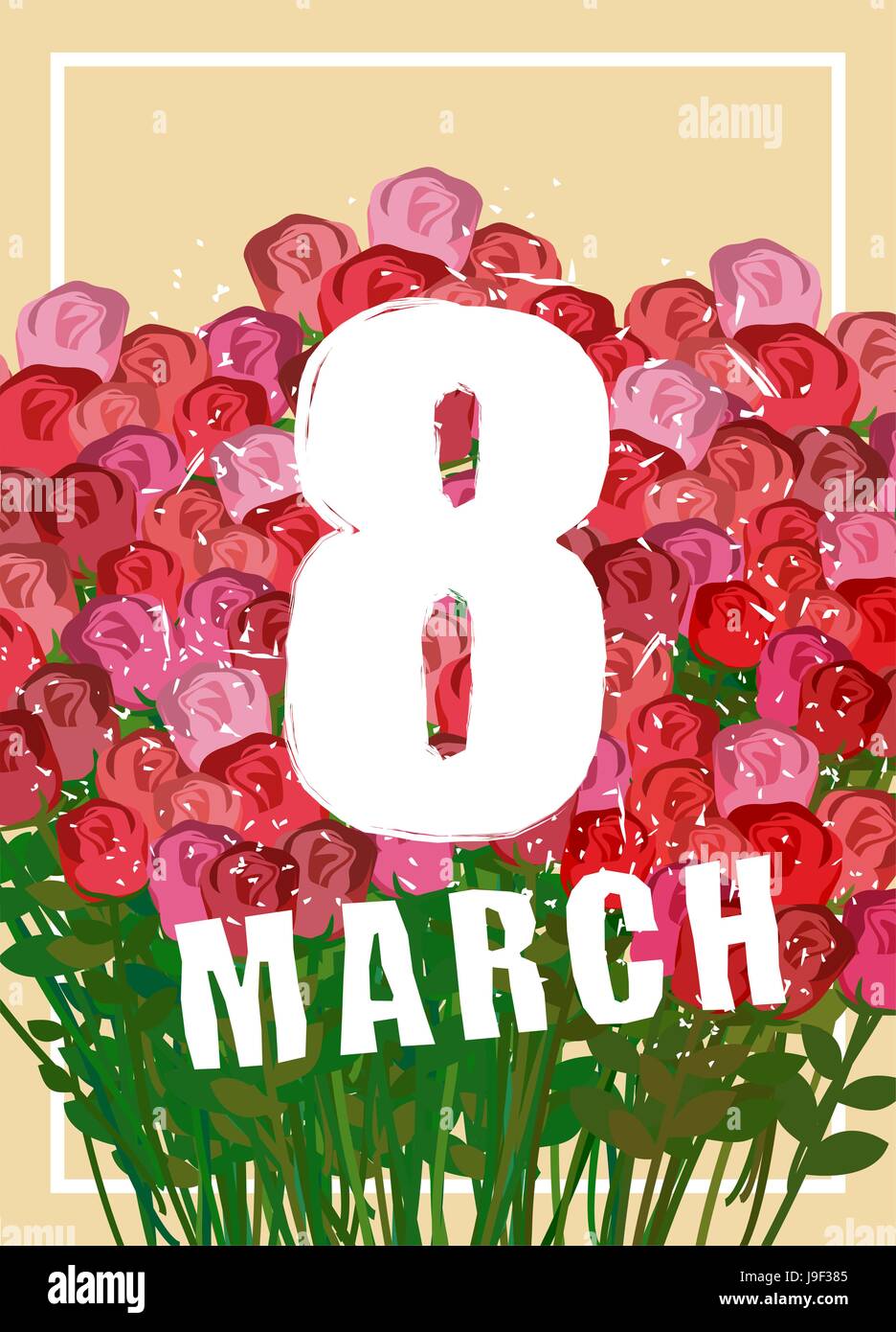 8. März. Großen Strauß roter Rosen und weißen Rahmen. Plakat zur internationalen Frauen Tag. Viele schöne Farben Stock Vektor