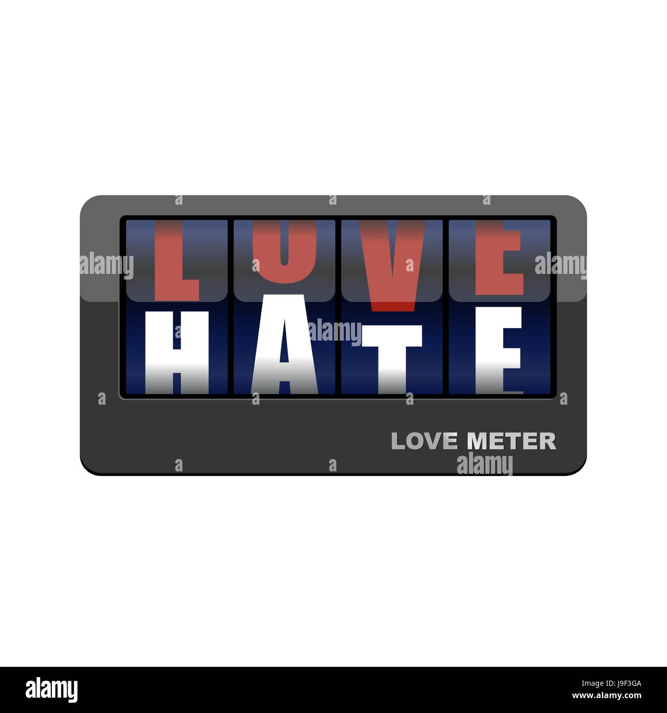 Liebe Meter. Liebe und Hass. Mechanische Anzeigetafel mit Buchstaben. Liebe weicht Hass. Stock Vektor