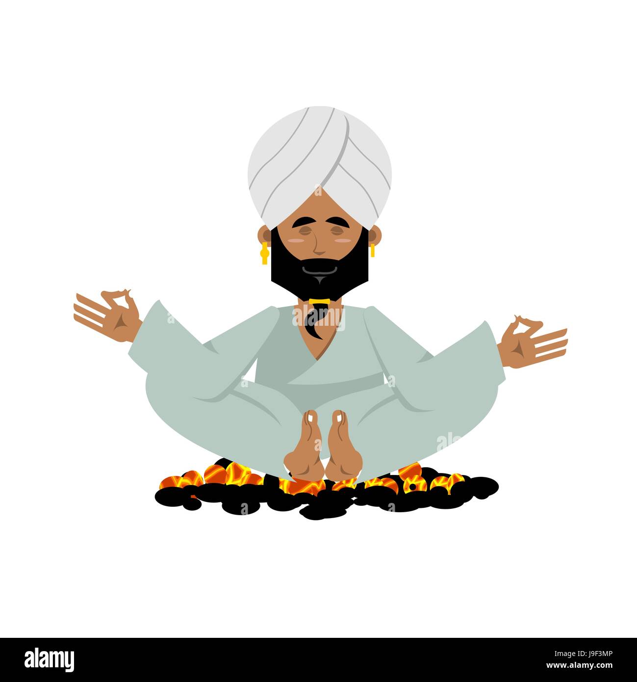 Yogi auf heißen Kohlen. Indischen Yoga auf heißen Kohlen sitzen. Meditation Menschen praktizieren Yoga-Übungen.  Indischer Yogi in seinem Turban auf weißem Hintergrund Stock Vektor
