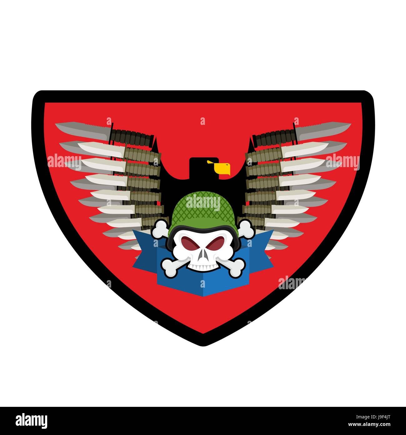 Armee-Logo Schädel. Soldaten-Abzeichen. Militärische Emblem. Flügel und Waffen. Adler und Waffen. Wunderbare Zeichen für Truppen. Wappen-Kommando Stock Vektor