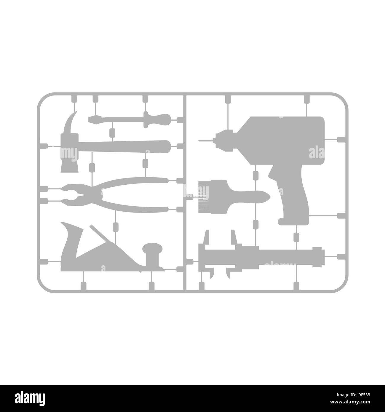 Tool-Set. Kunststoff-Modell-Bausatz. Bohren und Hämmern. Bremssattel und Zangen. Schraubendreher und Pinsel. Hobel und Bremssattel Stock Vektor