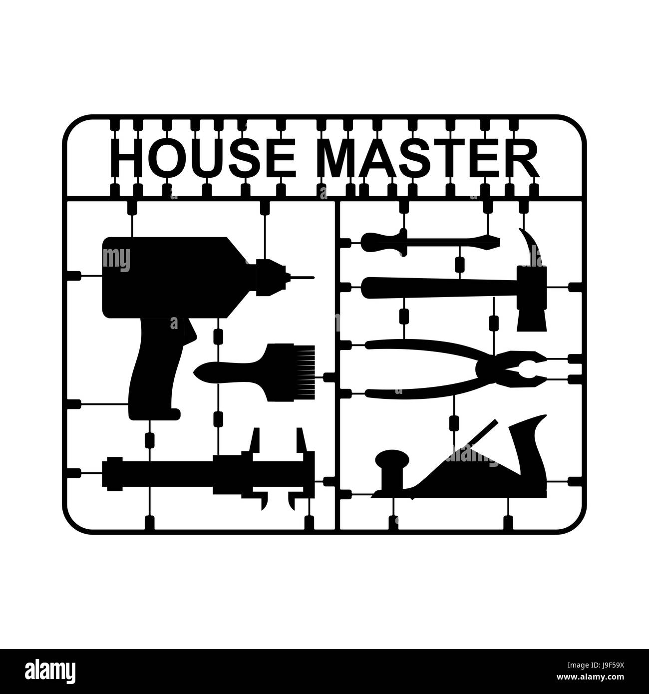 Tool-Set. Kunststoff-Modell-Bausatz. Bohren und Hämmern. Bremssattel und Zangen. Schraubendreher und Pinsel. Hobel und Bremssattel Stock Vektor