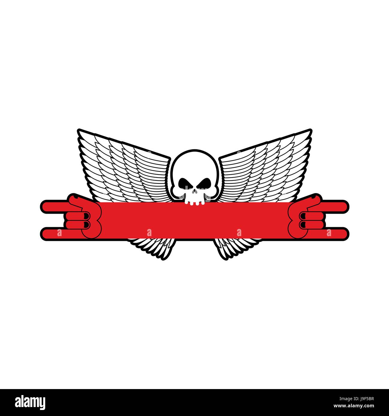 Rock Hand und Totenkopf-Symbol der Musik. Rock And Roll Emblem isoliert Stock Vektor