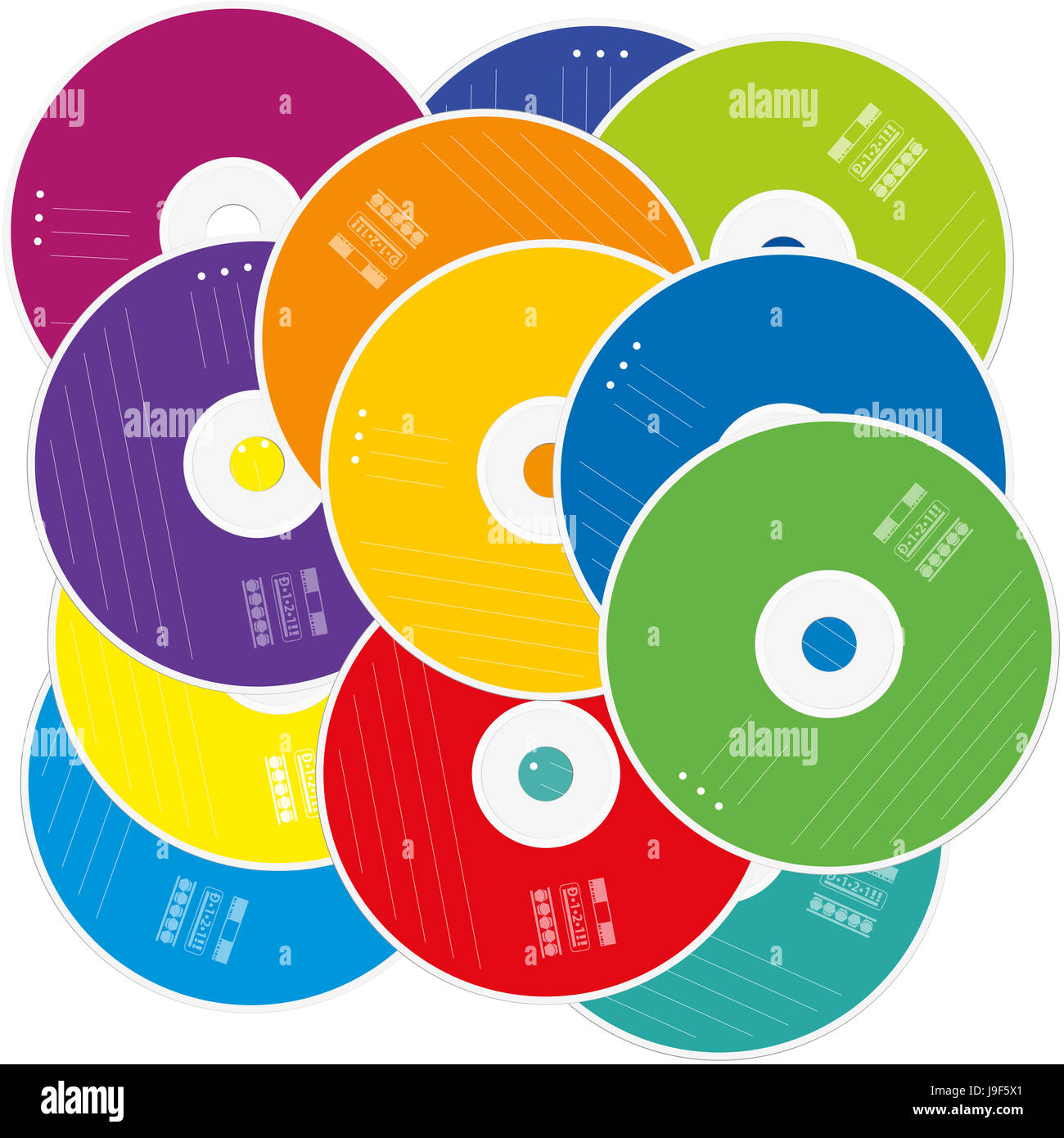 Haufen von CDs oder DVDs - CD-Stapel mit farbigen Etiketten als Symbol für die Masse der Daten und Informationen. Stockfoto