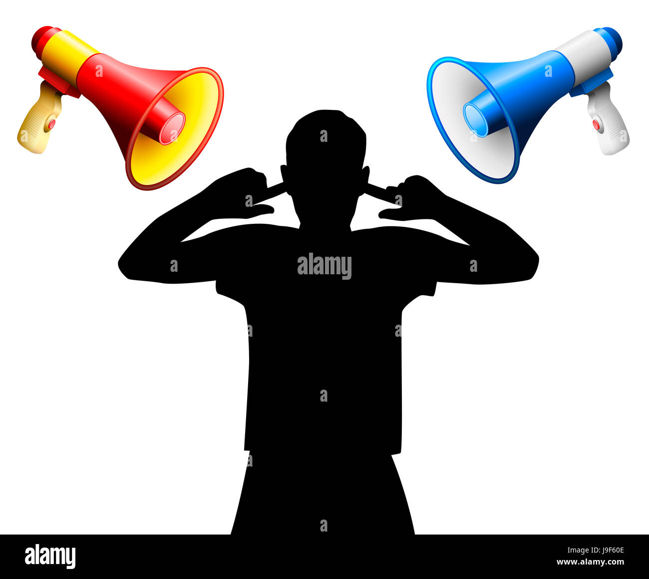 Lärmbelästigung durch zwei laute Megaphonen anzuschreien ein verärgert Person, die die Ohren, zur Vermeidung von Gehörschäden, Tinnitus, Hörstörung deckt. Stockfoto