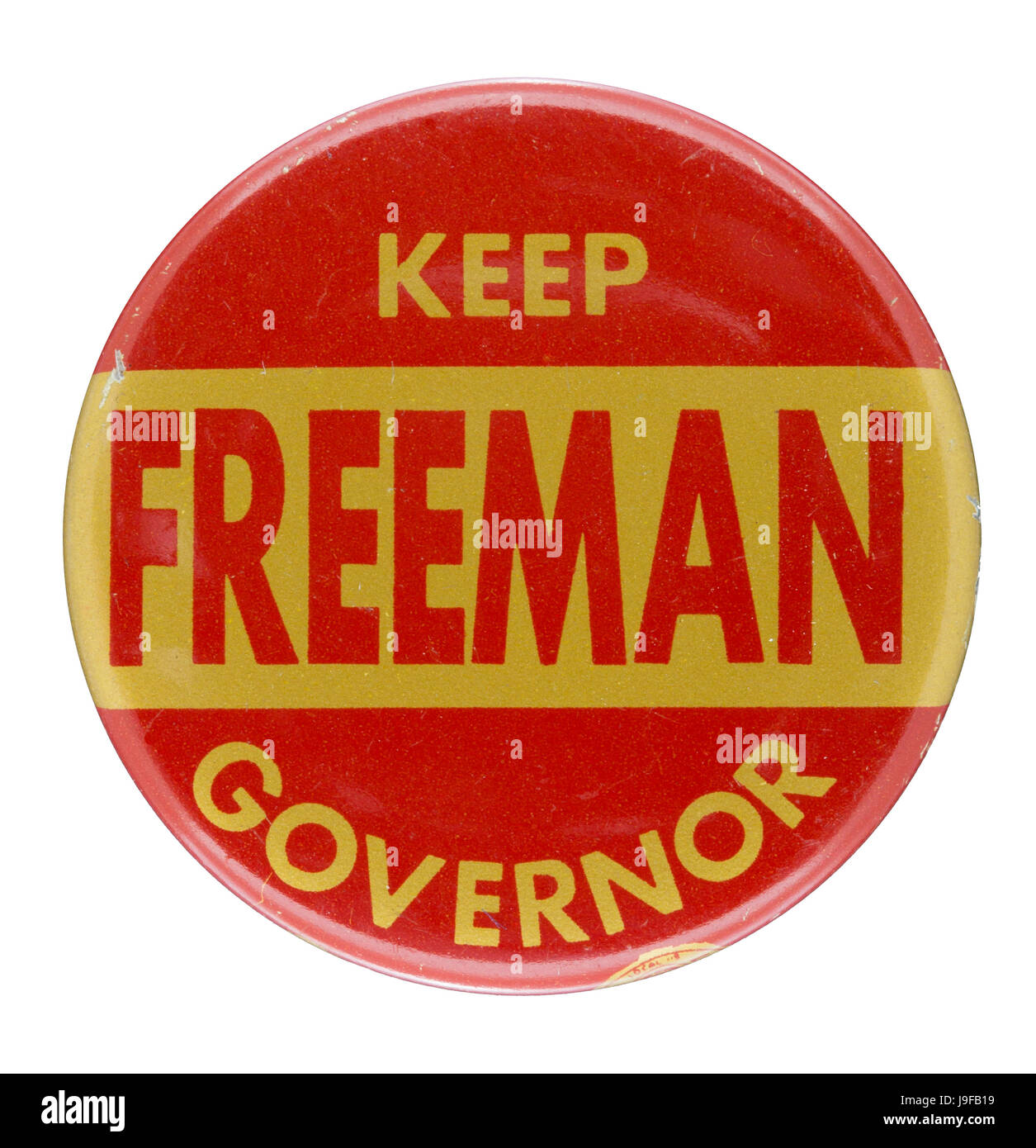 Ein 1956-1960 Minnesota Kastanienbraun und Gold Orville Freeman Wiederwahl Schaltfläche ","Halten Sie Freeman Gouverneur" Stockfoto