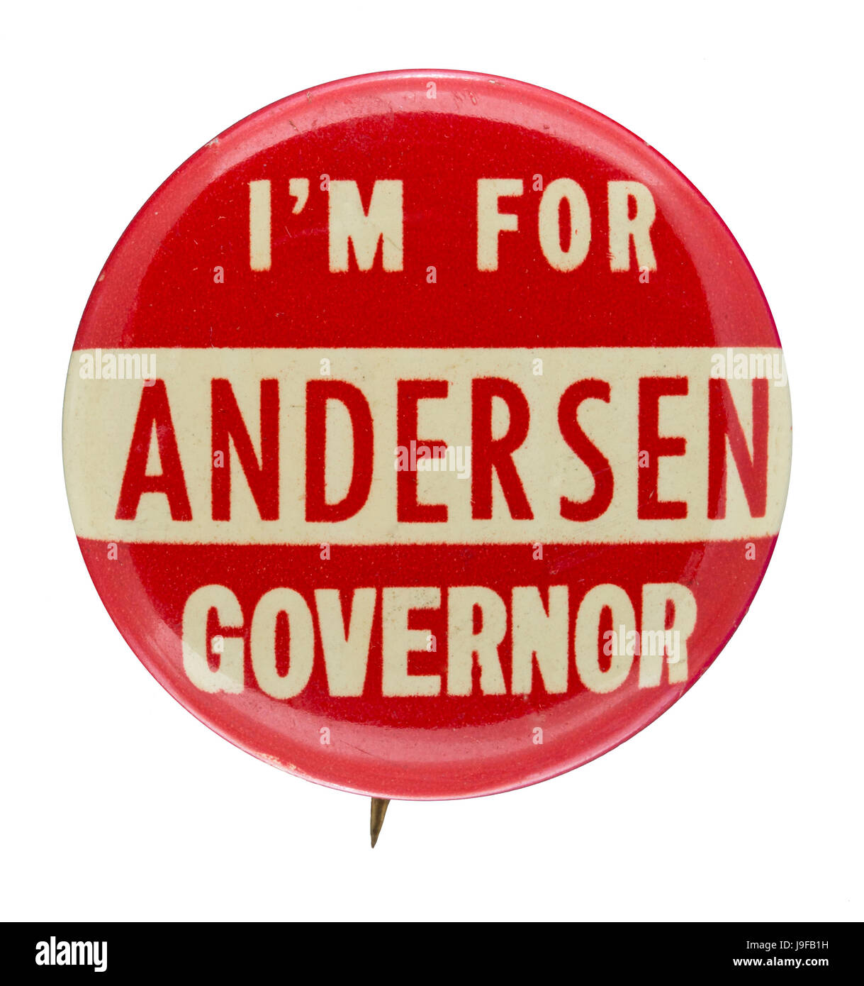 1960er Jahre rote und weiße politischen Button für Minnesota Gouverneur Elmer Lee Andersen, "Andersen Gouverneur bin für" Stockfoto