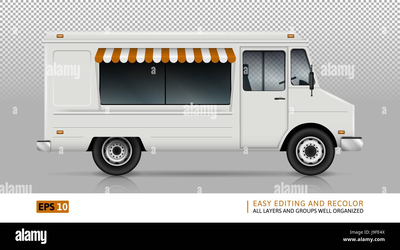 Lebensmittel Truck Vektor Vorlage für Auto, Branding und Werbung. Isolierte Lieferwagen auf weißem Hintergrund. Alle Schichten und Gruppen gut organisiert. Stock Vektor