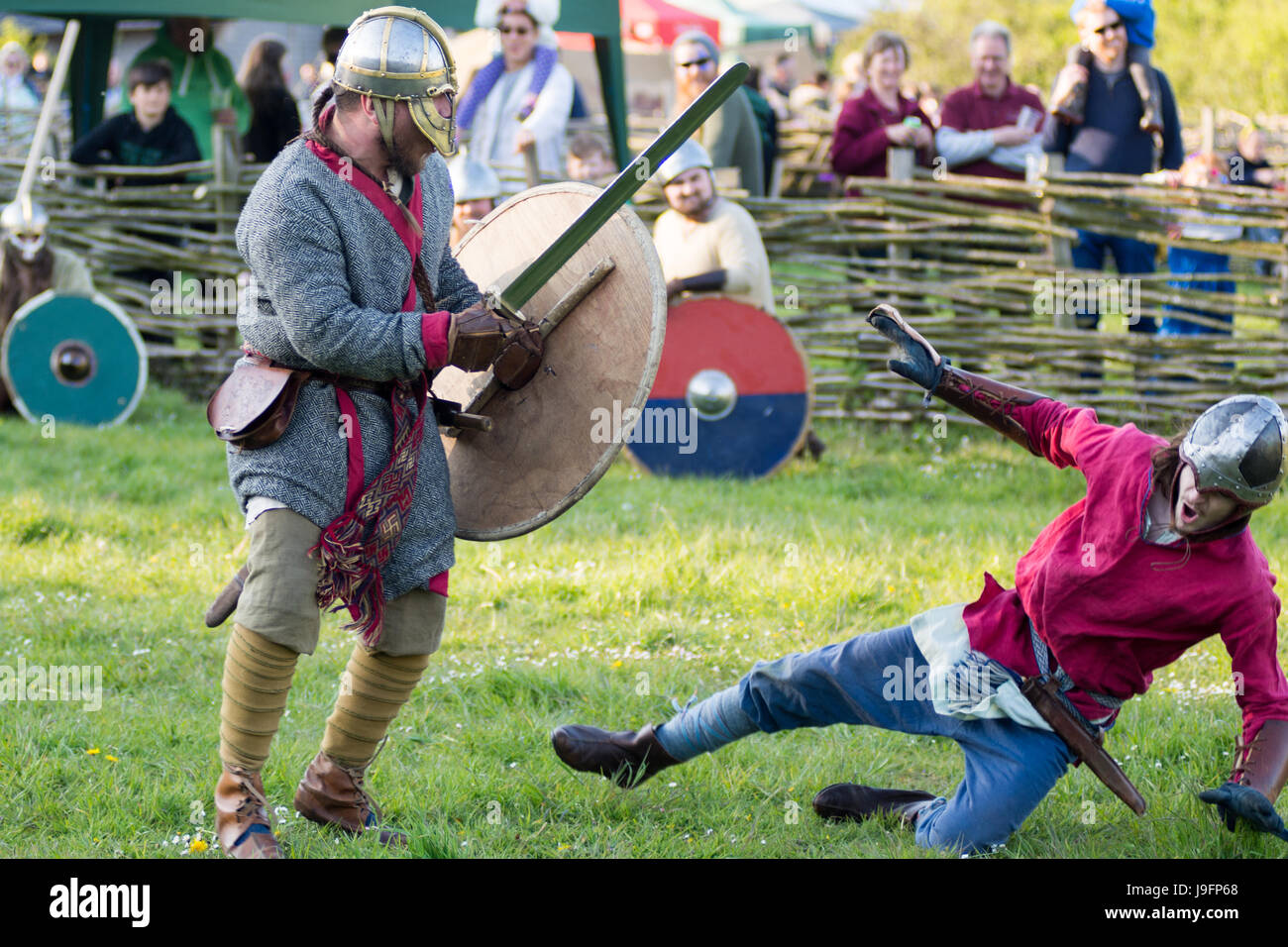 Herigeas Hundus oder Hunde des Krieges, eine sächsische Reenactment-Gruppe, zu demonstrieren, Schwert und Schild kämpfen auf dem entsprungen Festival auf Butser Ancient Farm Stockfoto