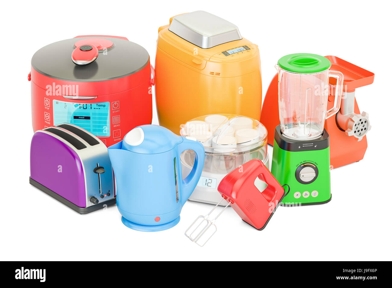 Satz von farbigen Küche Haushaltsgeräte. Toaster, Wasserkocher, Mixer, Mixer, 'Joghurt Maker', Multipfanne, Schleifer, Brotmaschine, 3D-Rendering isoliert auf Stockfoto