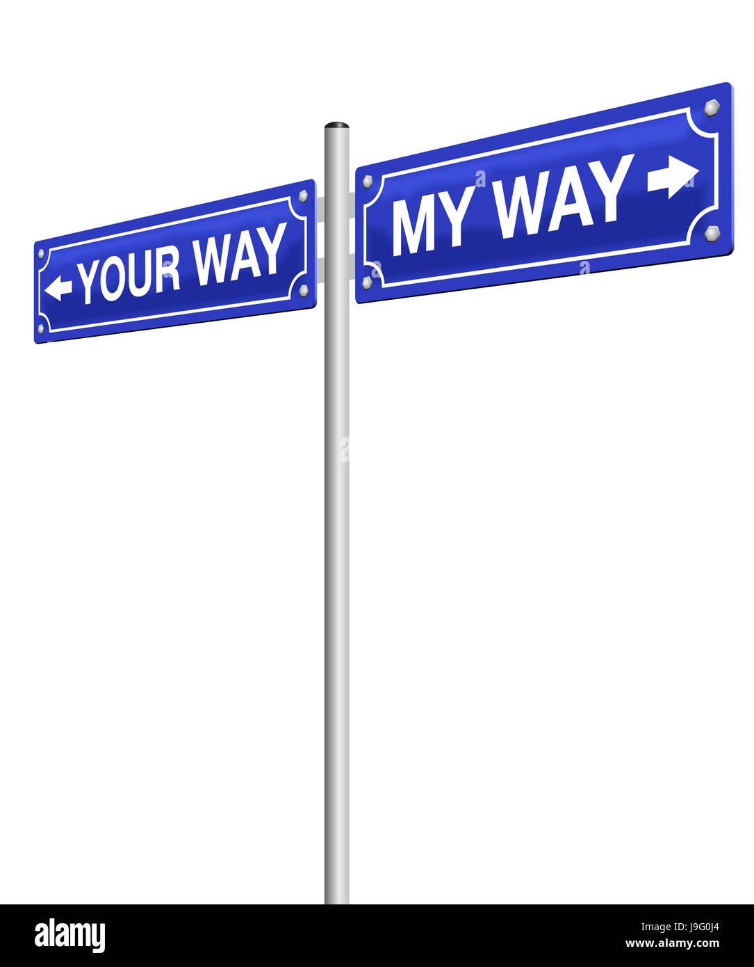 Mein Weg - Ihr Weg - Straßenschild, symbolisch für Scheidung, Abschied und gehen getrennte Wege, Routen oder entgegengesetzte Richtungen. Stockfoto