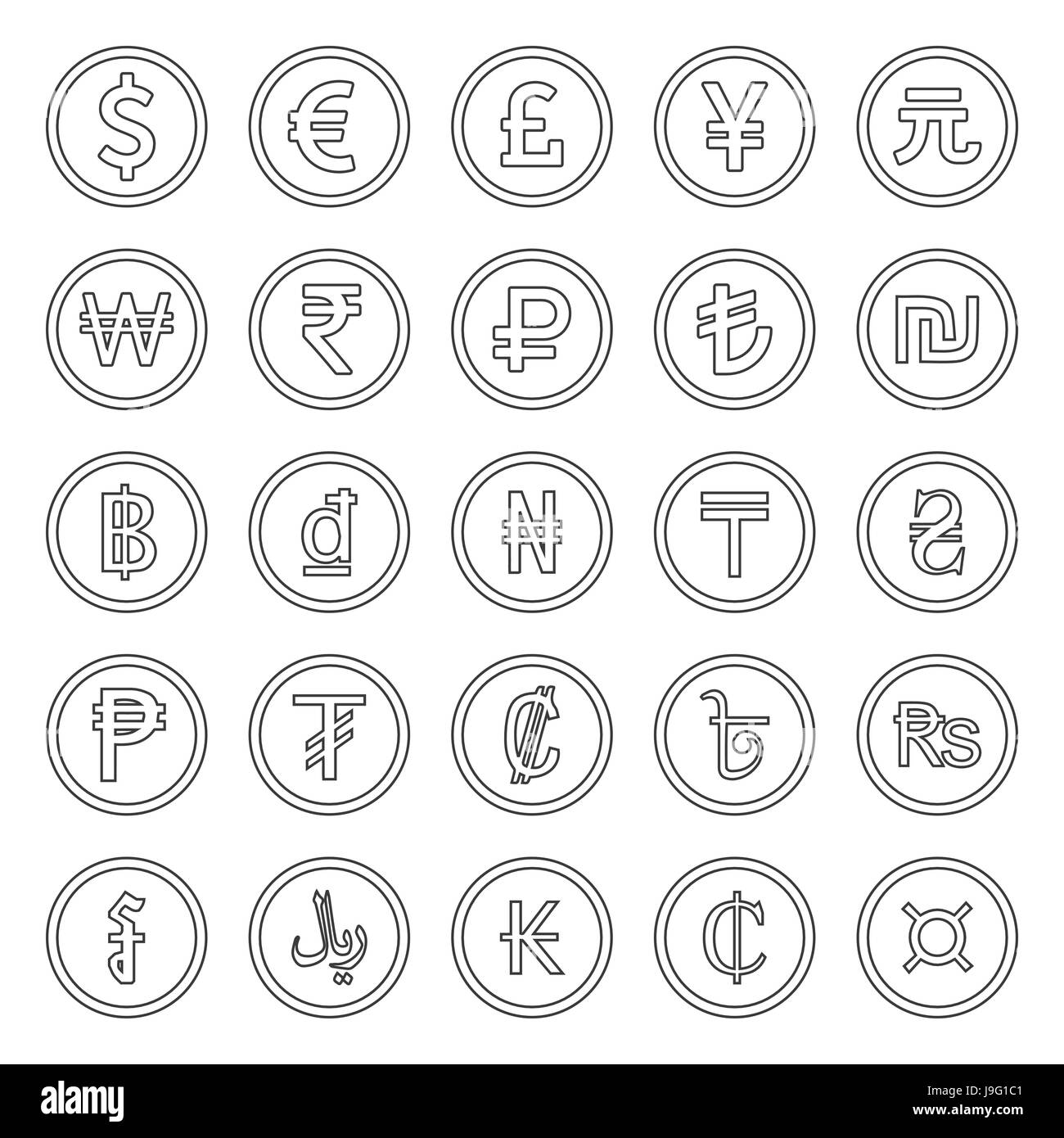 Währung Icons Set. Schwarz auf weißem Hintergrund dargestellt Stock Vektor