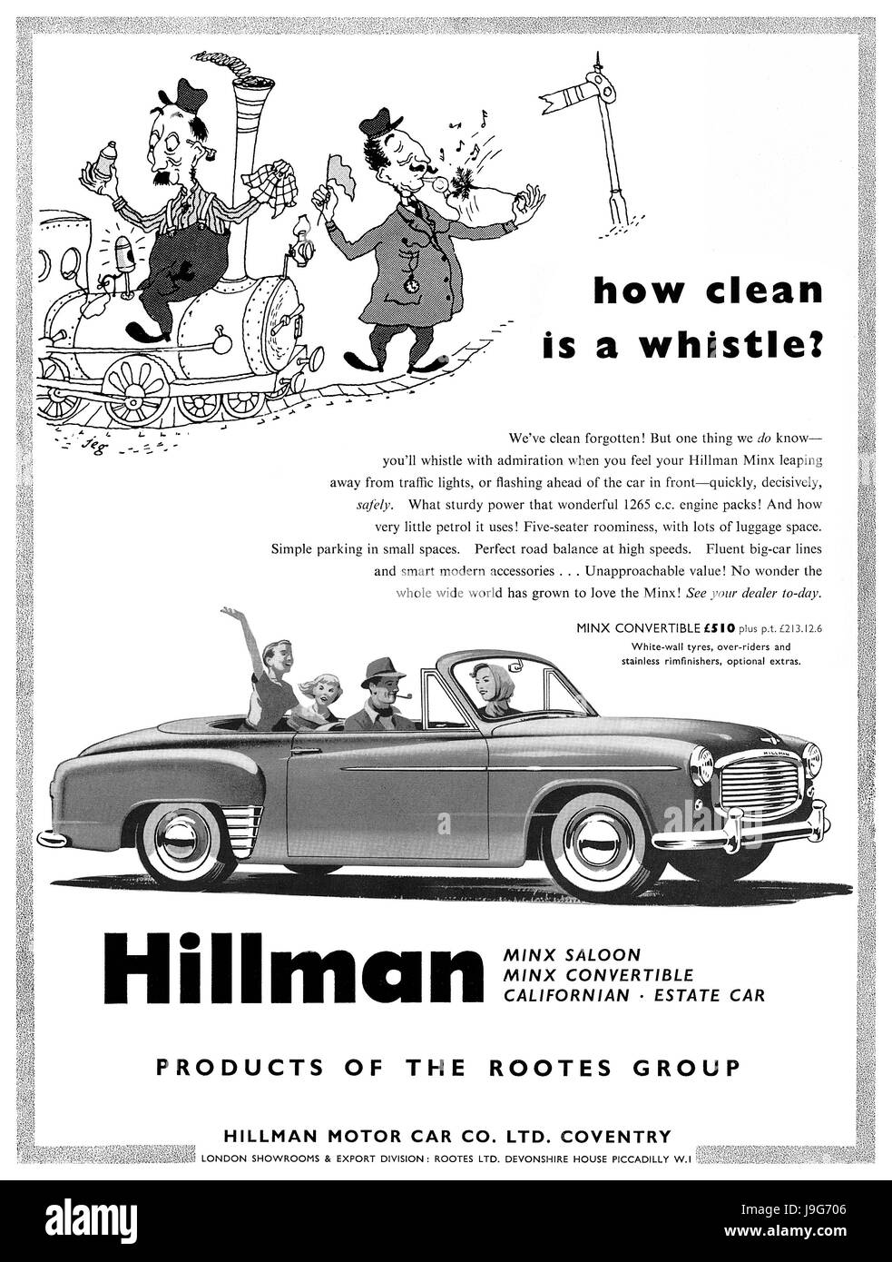 1954 britische Werbung für das Hillman Minx Cabrio Auto. Stockfoto