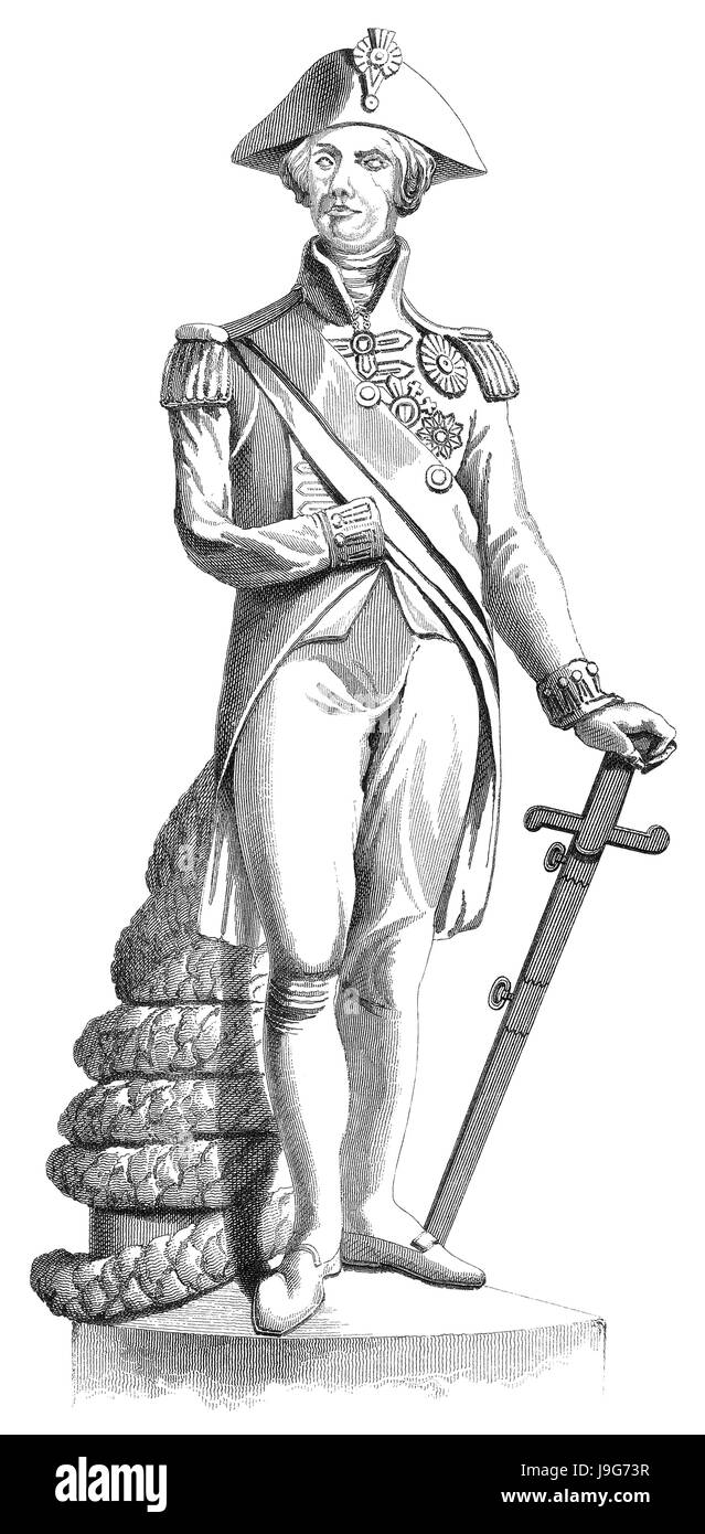 Graviert Abbildung der Statue von Admiral Horatio Nelson, die auf Nelson's Column in London sitzt. Die Statue wurde von dem Bildhauer Edward Hodges Baily erstellt. Stockfoto