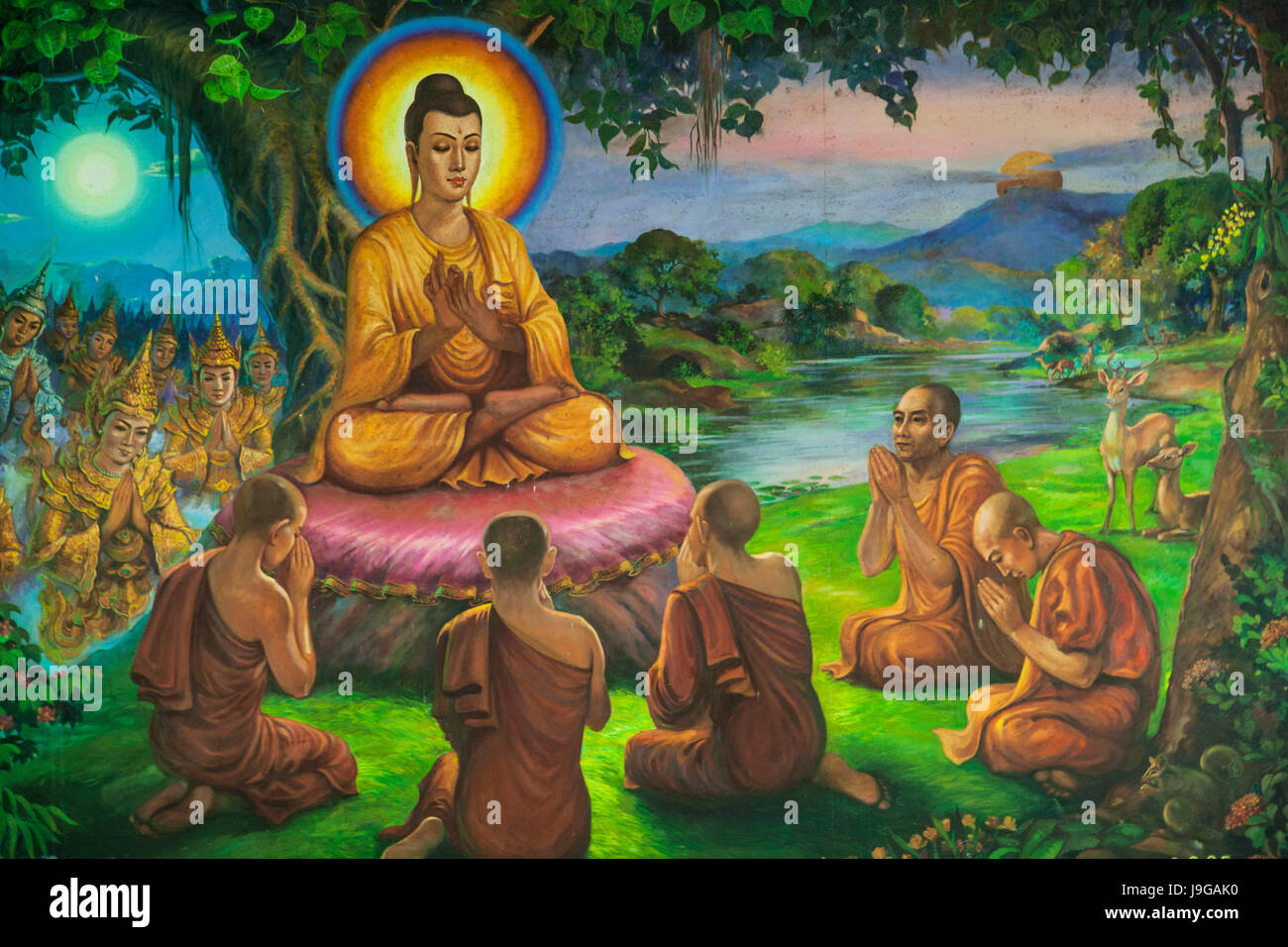 Yangon, Myanmar Shwedagon-Pagode, Malerei, Darstellung des Lebens des Buddha Stockfoto