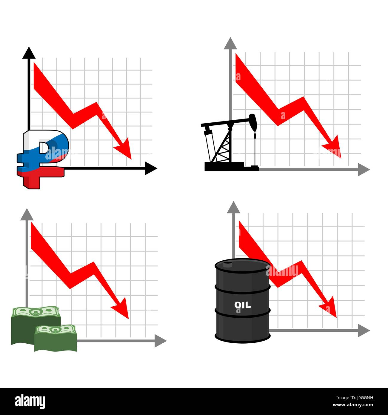 Herbst-Preise der Rubel und Öl. Roten Pfeil nach unten. Kostensenkung von Barrel Öl. Reduzierung der Zitate russischer Währung, Geld. Rückgang der Markt für Bargeld. Stock Vektor