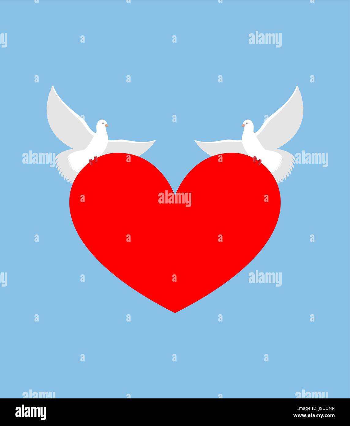 Weiße Taube hält Herz. Zwei weiße Vogel ist Symbol der Reinheit. Rotes Herzsymbol der Liebe. Zwei Turteltauben tragen Liebe. Element für den Valentinstag. Stock Vektor