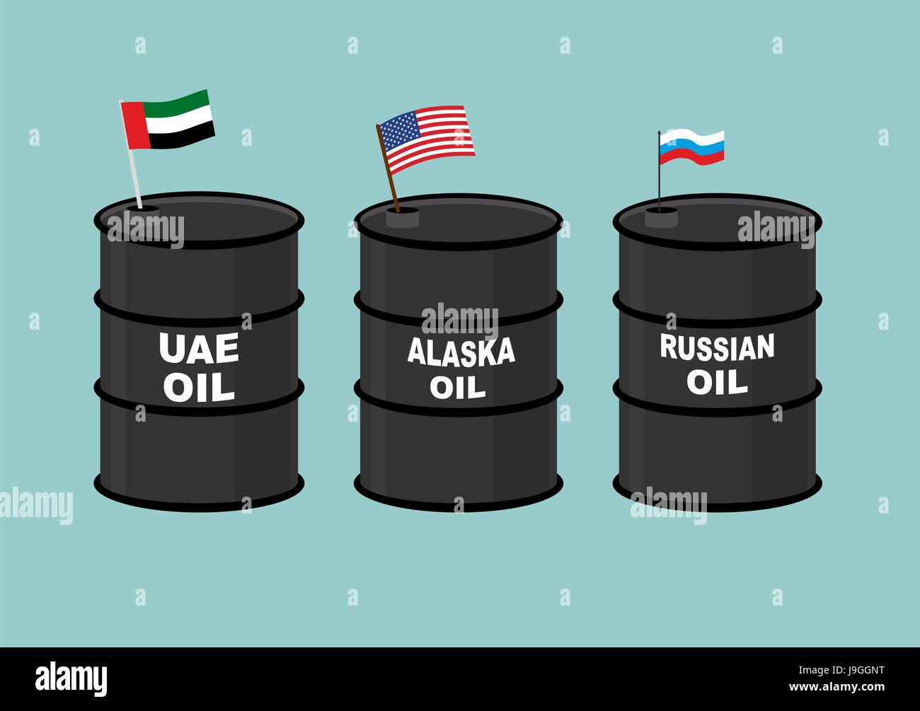 Barrel Öl. Schwarz Barrel Öl und Staatsflagge. Russisches Öl. Amerikanische USA Öl. U.A.E Barrel Erdöl. Stock Vektor