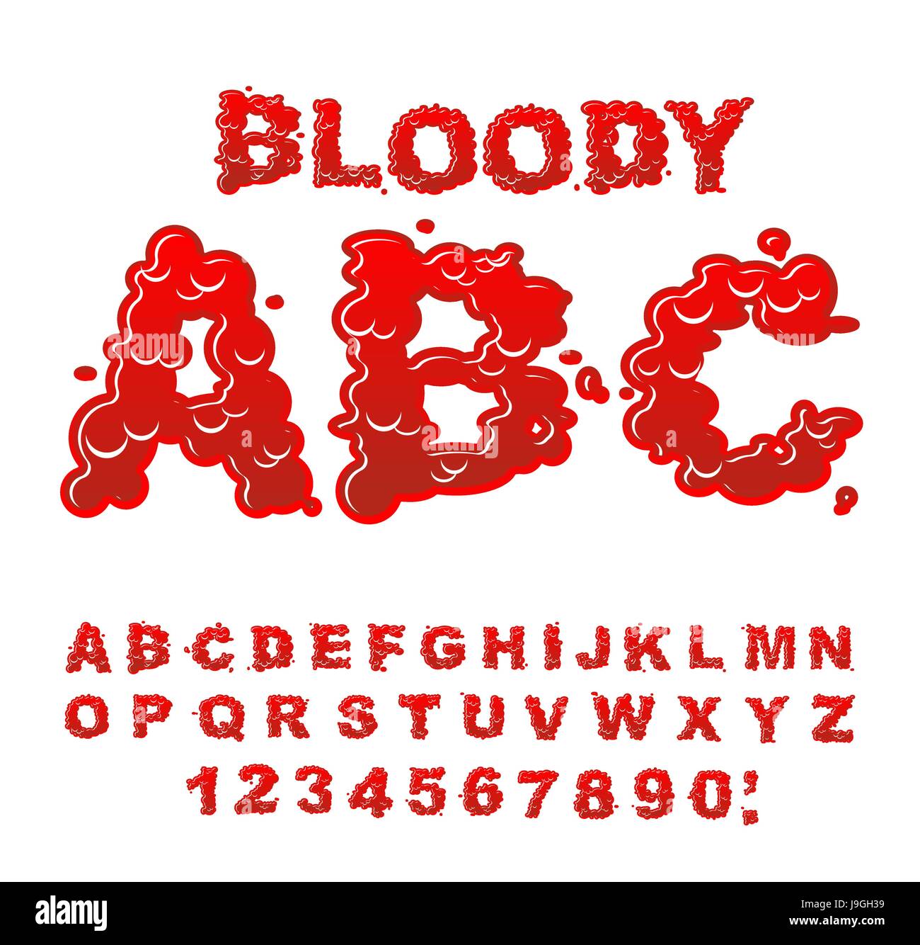 Blutige ABC. Rote Flüssigkeit Brief. Flüssige Lettring. Blut-Schriftart des scharlachroten Zeichen. Alphabet-gore Stock Vektor