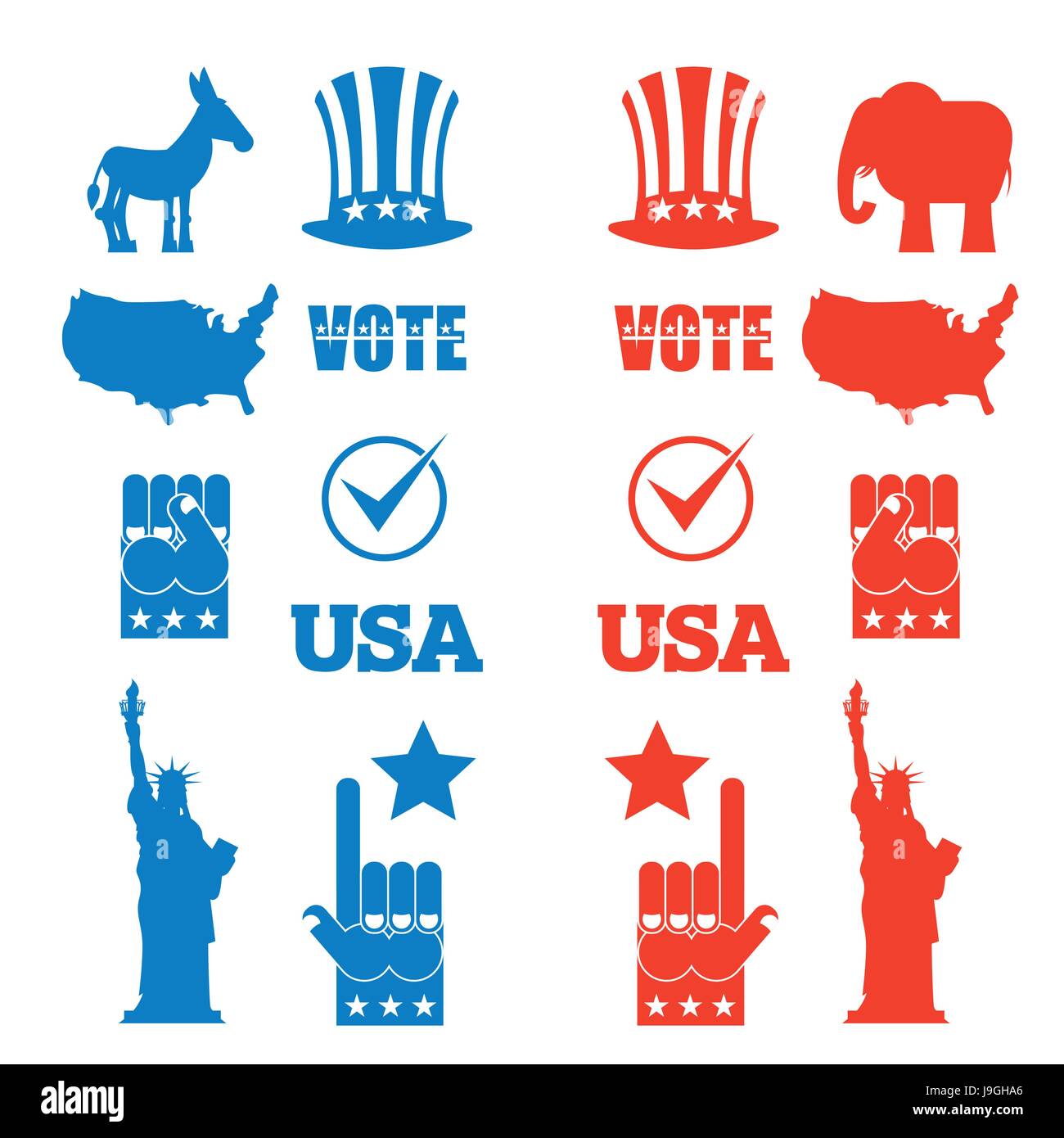 Wahlen in Amerika-Icon-Set. Republikanische Elefant und demokratischen Esel. Symbole der politischen Parteien in Amerika. Freiheitsstatue Liberty und USA Karte. Faust ein Stock Vektor