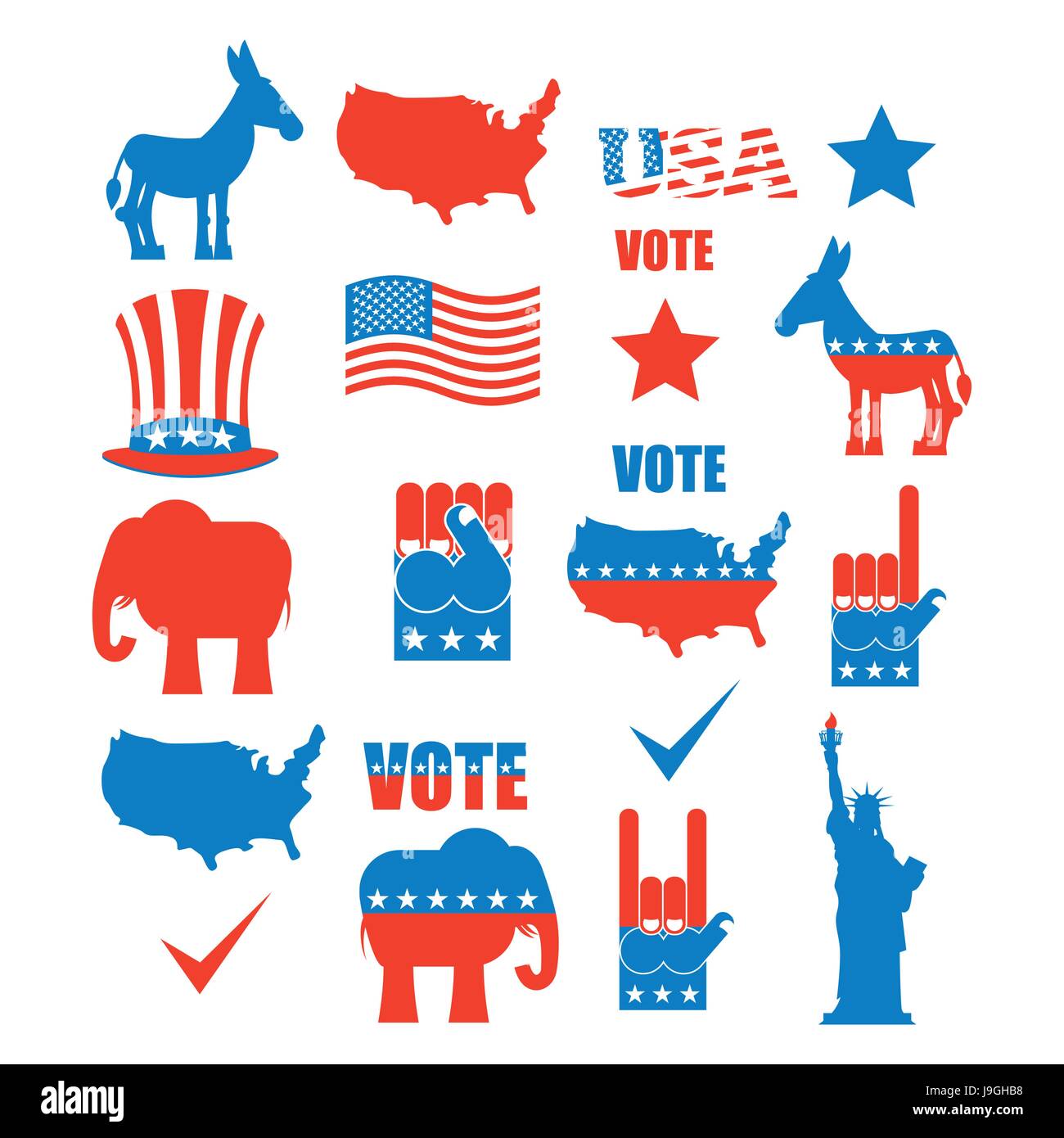 Wahlen In Amerika Icon Set Republikanische Elefant Und Demokratischen Esel Symbole Der Politischen Parteien In Amerika Freiheitsstatue Liberty Und Usa Karte Faust Ein Stock Vektorgrafik Alamy