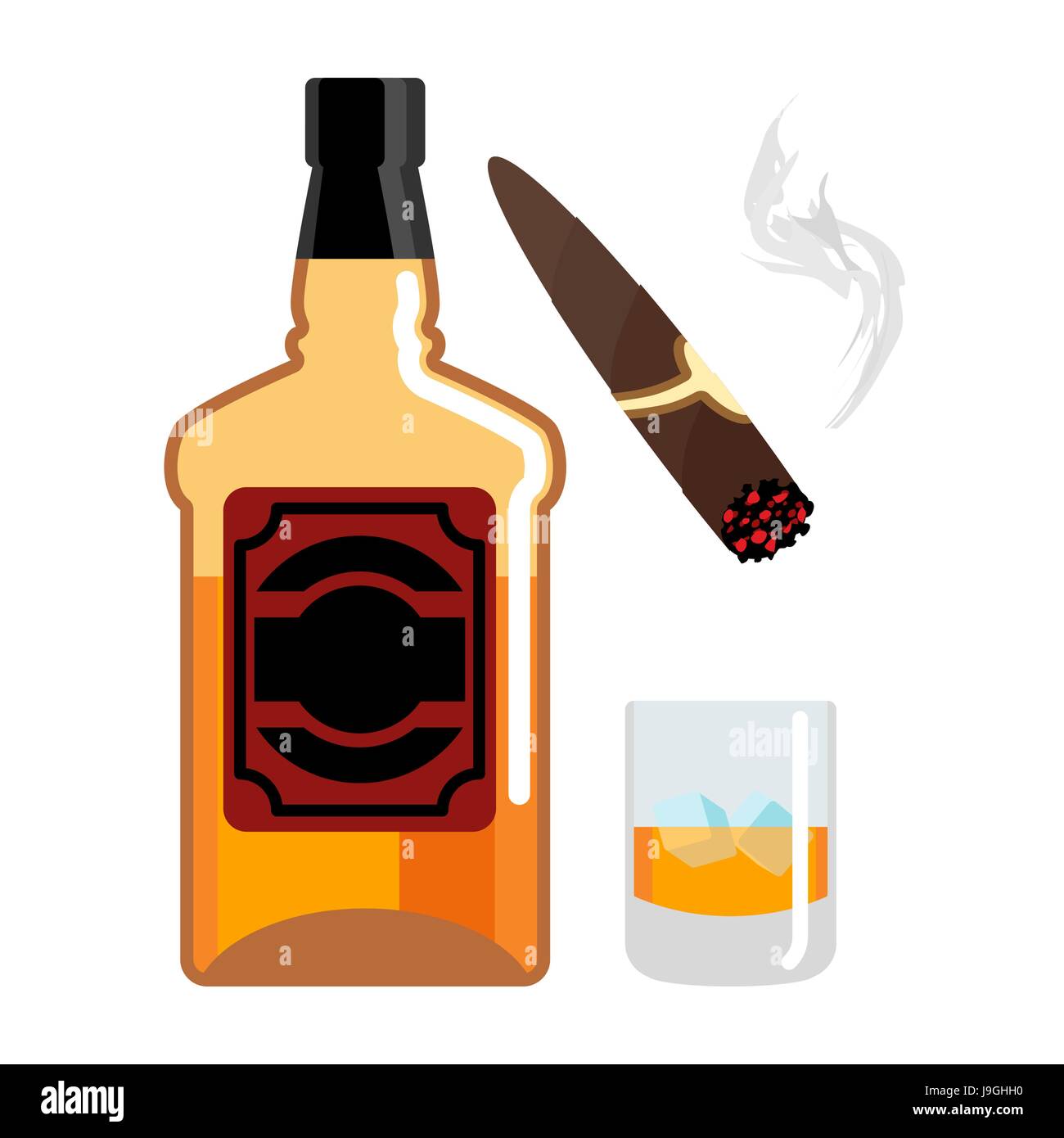 Whisky und Eis. Gentleman-Satz. Flasche Scotch. Zigarre und Rauch. Herren-Accessoires Stock Vektor