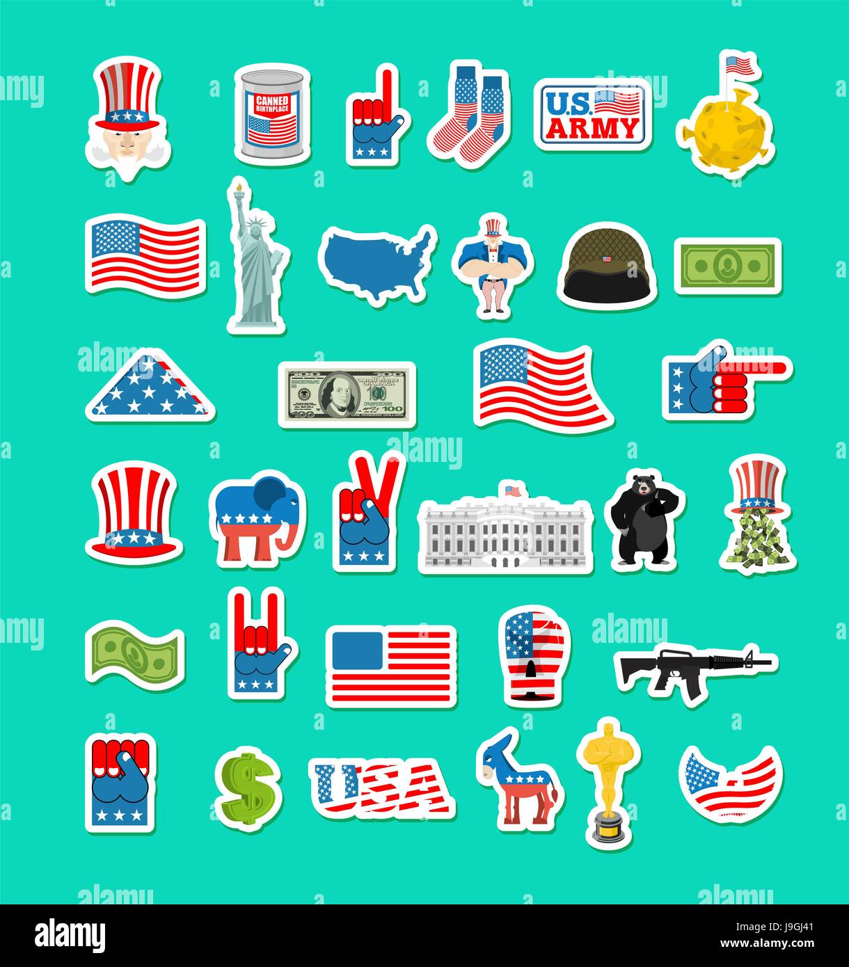 USA-Symbol. Nationalen Zeichen von Amerika. Amerikanische Flagge und Statue of Liberty. White House und Dollar. Karte der Vereinigten Staaten. Uncle Sam und Mond. Elefant ein Stock Vektor