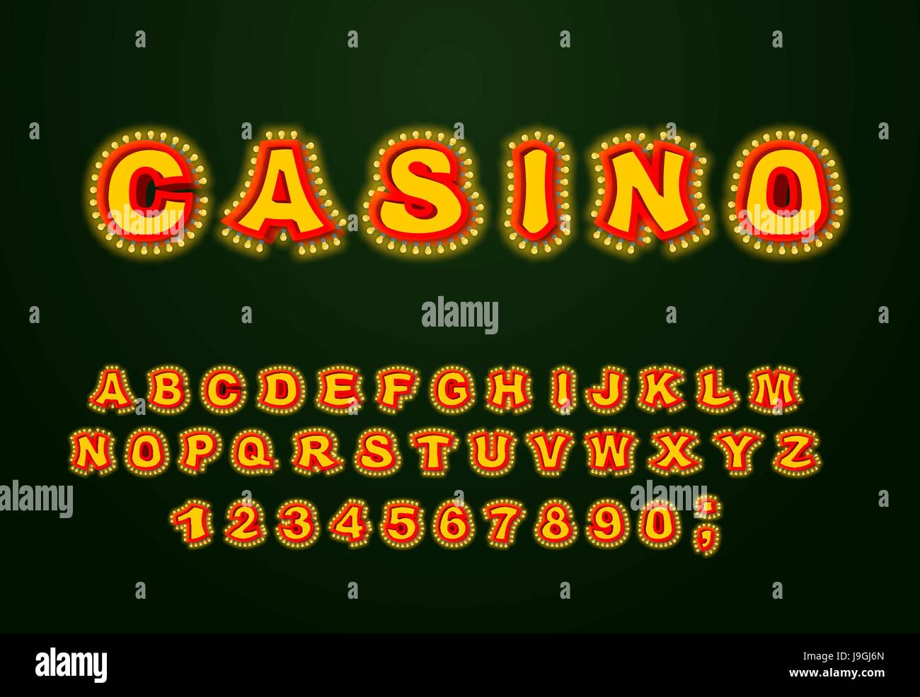 Casino-Schriftart. Leuchtende Lampe Briefe. Retro-Alphabet mit Lampen. Vintage Alphabet mit Glühbirne. Glitzernde Lichter Schriftzug Stock Vektor