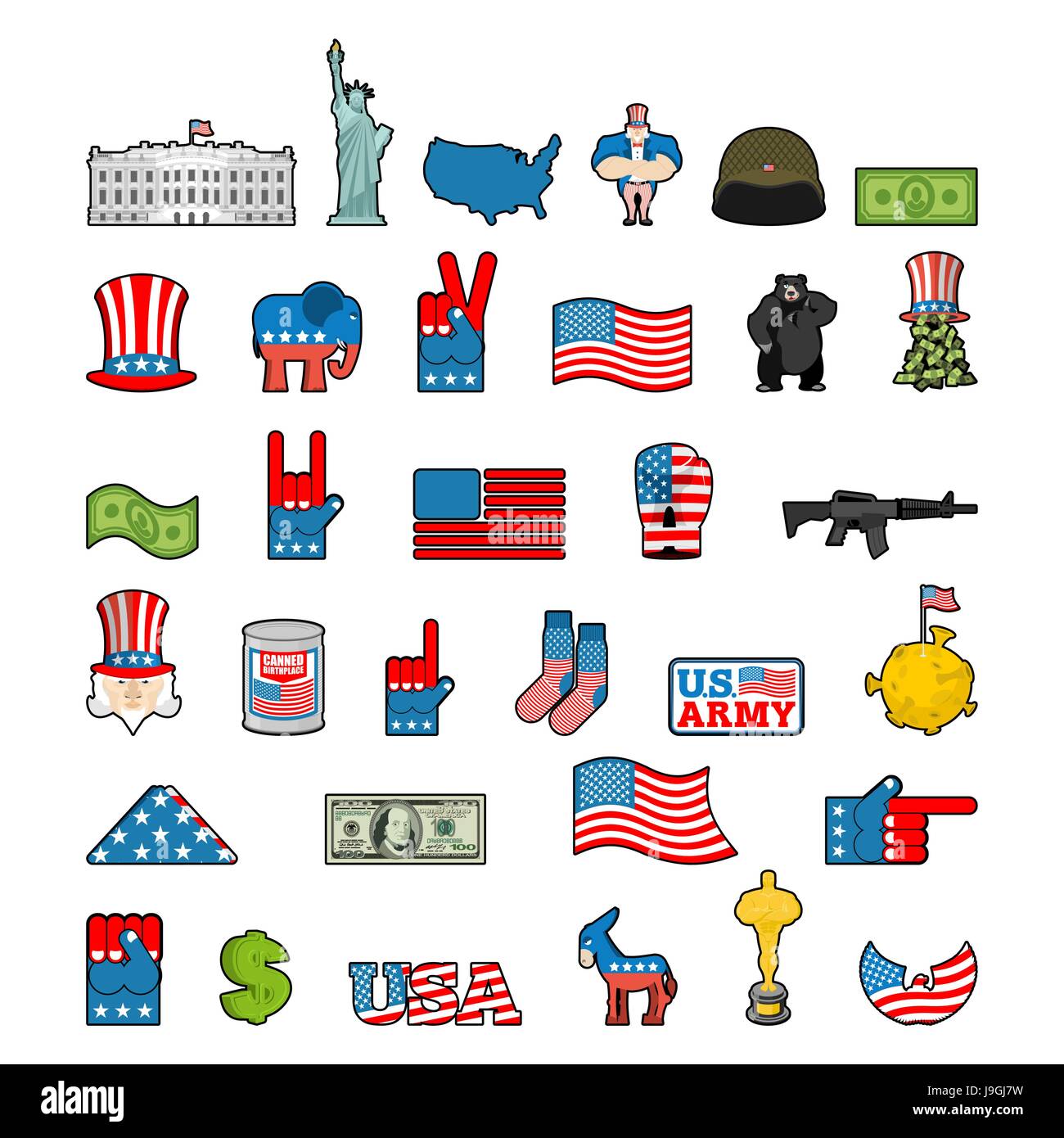 Amerika-Icon-Set. Nationalen Zeichen der USA. Amerikanische Flagge und Statue of Liberty. White House und Dollar. Karte der Vereinigten Staaten. Uncle Sam und Mond. Elepha Stock Vektor