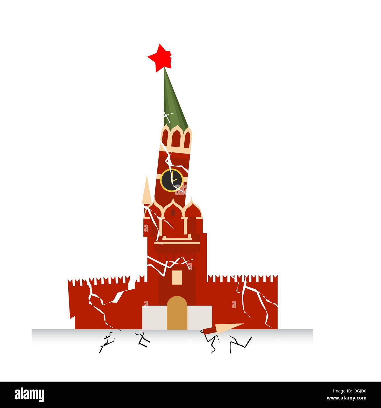 Moskauer Kreml Zerstörung. Erdschluss Erdbeben. Zerstörung von Points of Interest in Russland. Russische nationale Architektur Gebäude auf dem Roten Platz. Stock Vektor
