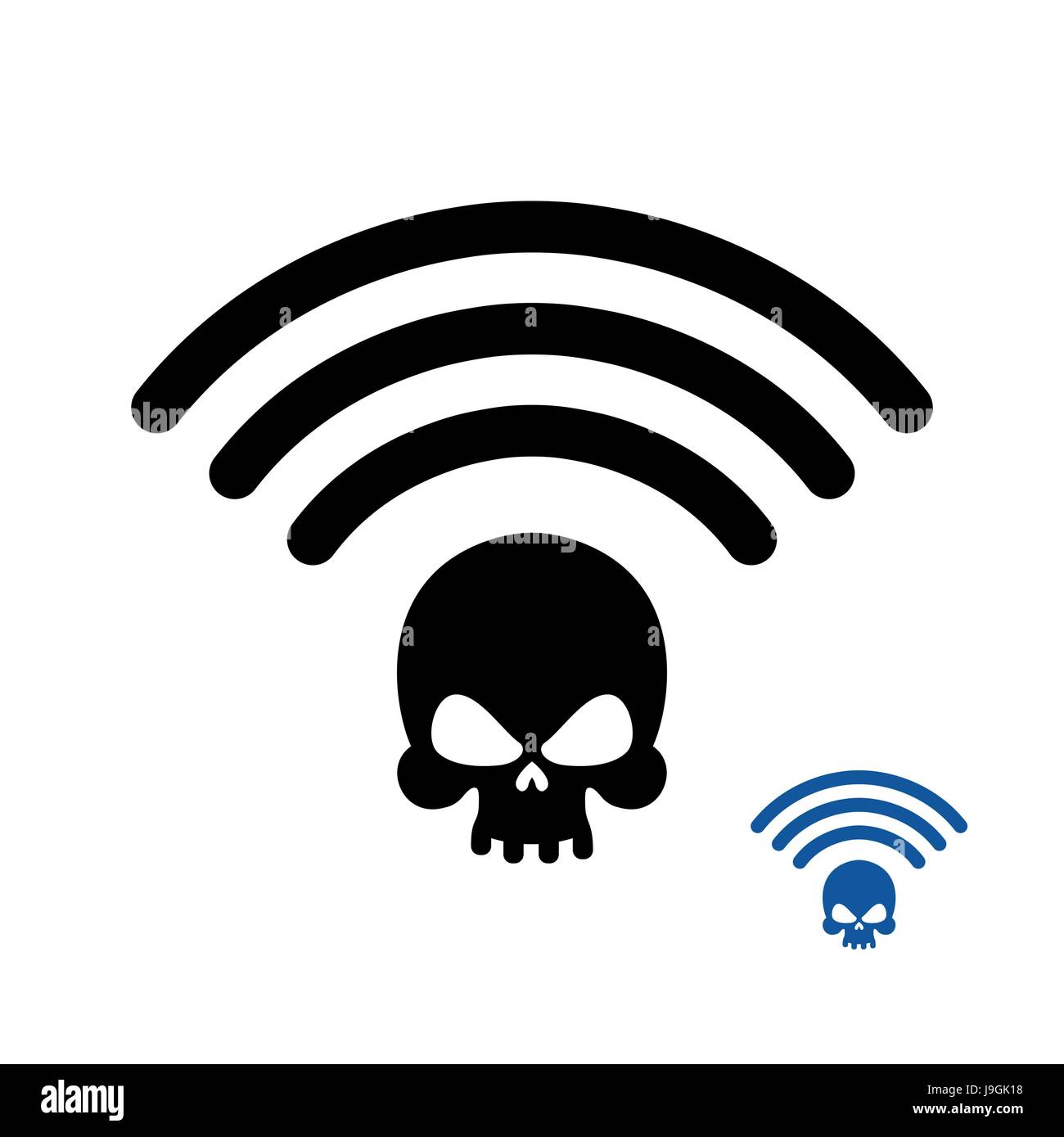 WiFi-Tod. Drahtlose Übertragung des Todes. Remote-Zugriff des Todes. Wi-Fi Wireless LAN Schädel. Wi Fi Symbol Mord flach-Symbol. Schwarz Informationen "Wellenlinien" com Stock Vektor