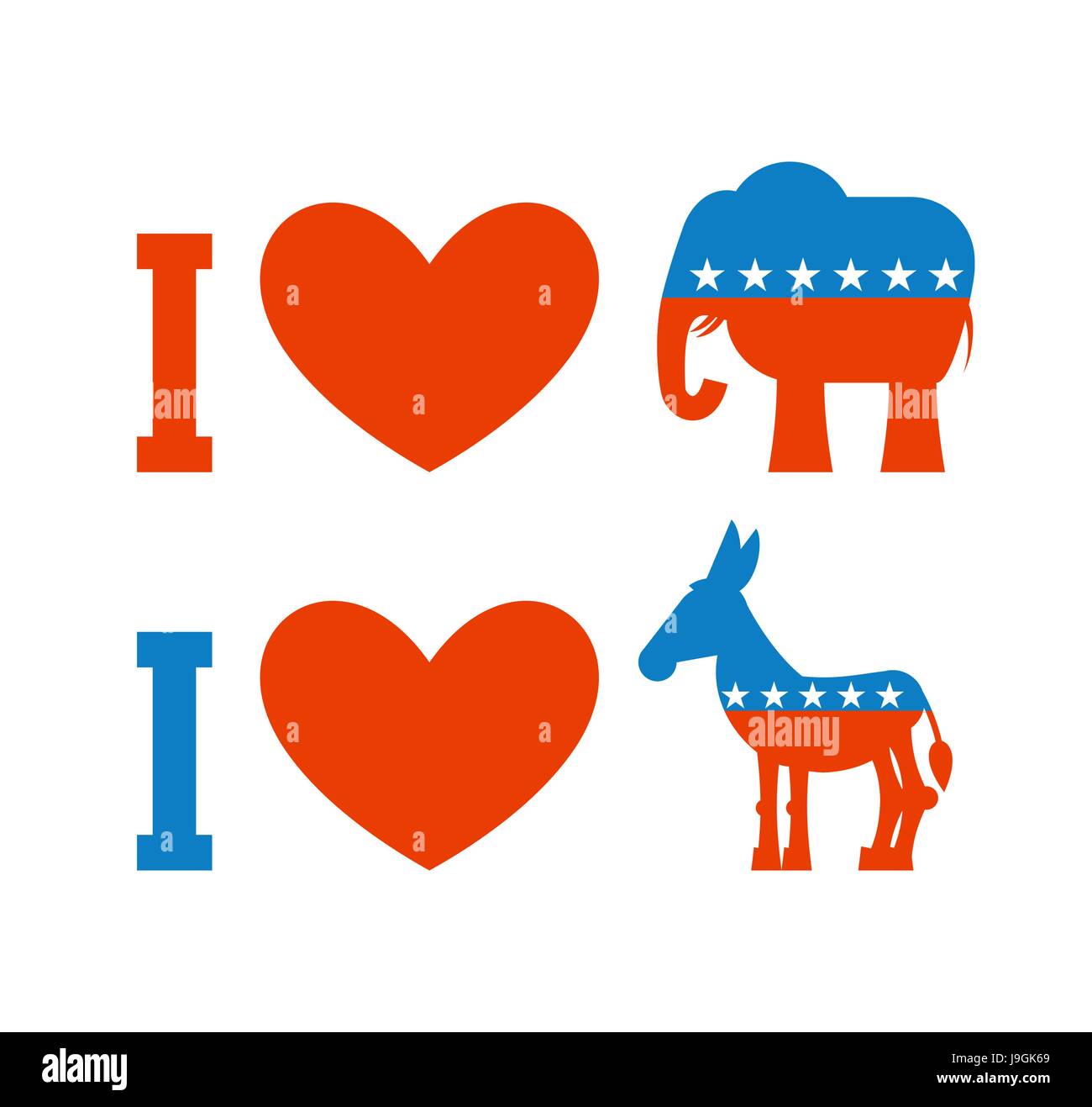 Ich liebe Demokrat. Ich mag Republikaner. Symbol des Herzens, Esel und Elefanten. Plakat für die Wahlen in den USA. Politische Debatte in den USA. Patriotische Emblem U Stock Vektor
