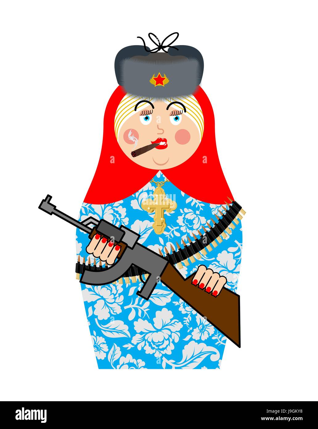Militärische Matrioshka mit Gewehr. Neue russische Folklore Nested Puppe. Nationalen Spielzeug. Traditionelles Spielzeug in Russland Stock Vektor