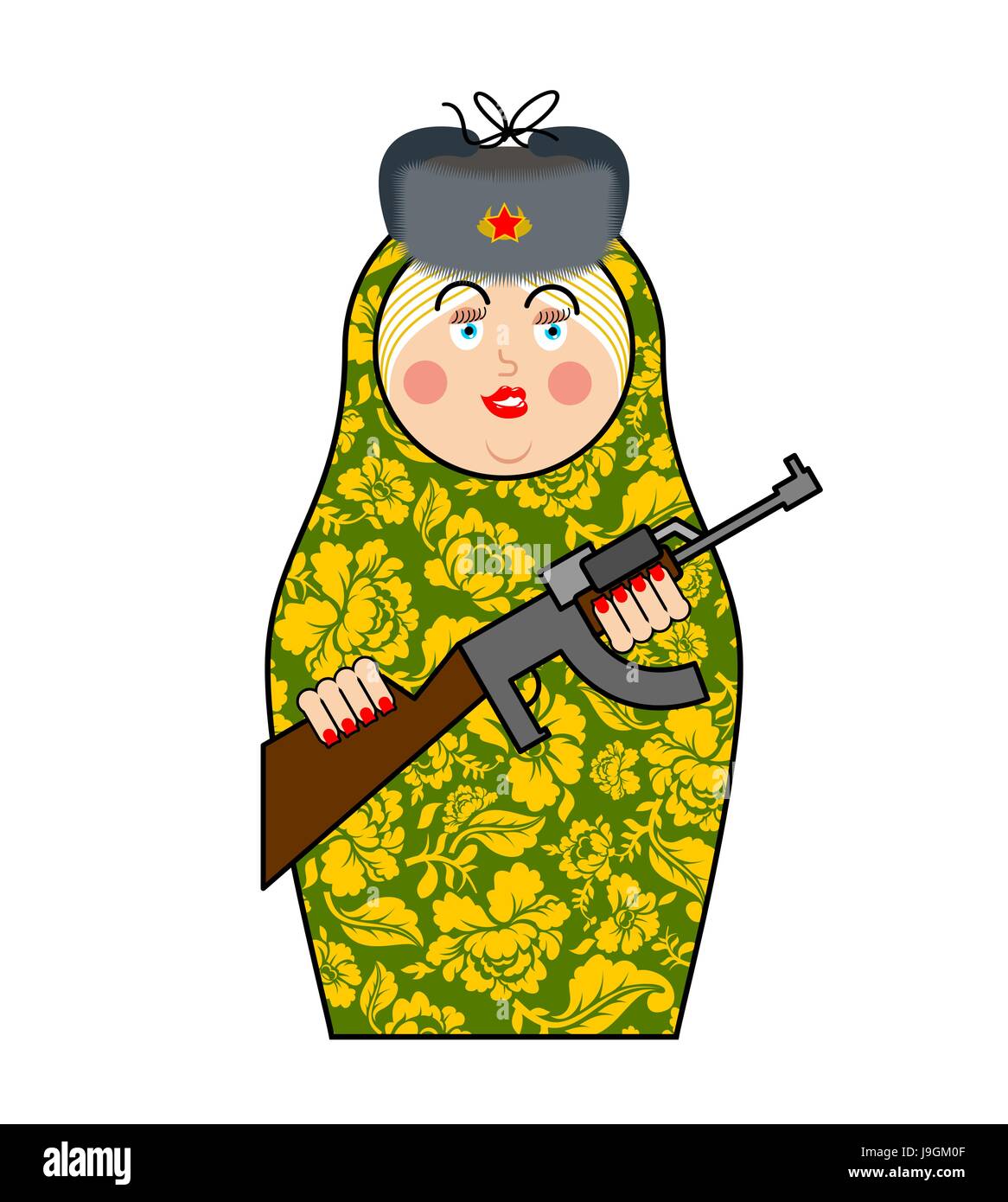 Militärische Matrioshka mit Gewehr. Neue russische Folklore Nested Puppe. Nationalen Spielzeug. Traditionelles Spielzeug in Russland Stock Vektor