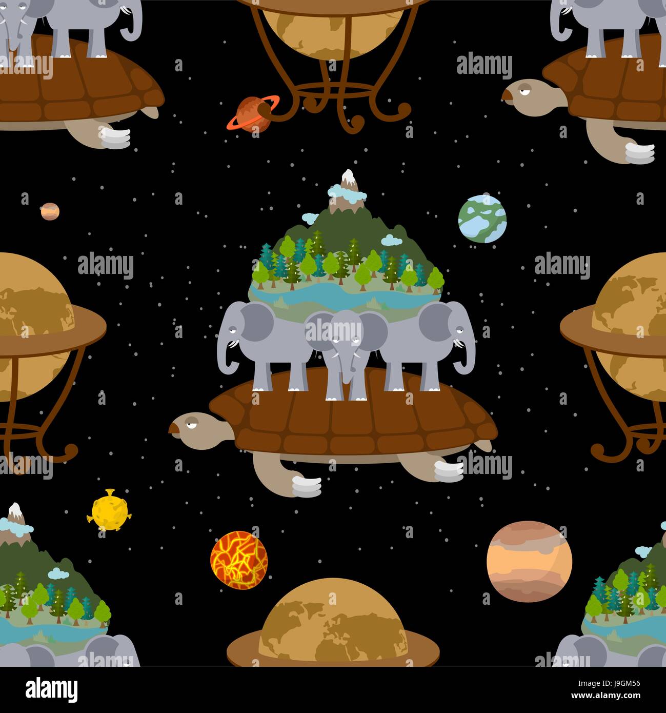 Mythologische Planetenerde Seamless Pattern. Alte Map-Hintergrund. Schildkröte mit Elefanten. Antike Darstellung der Welt. Planeten des Sonnensystems Stock Vektor