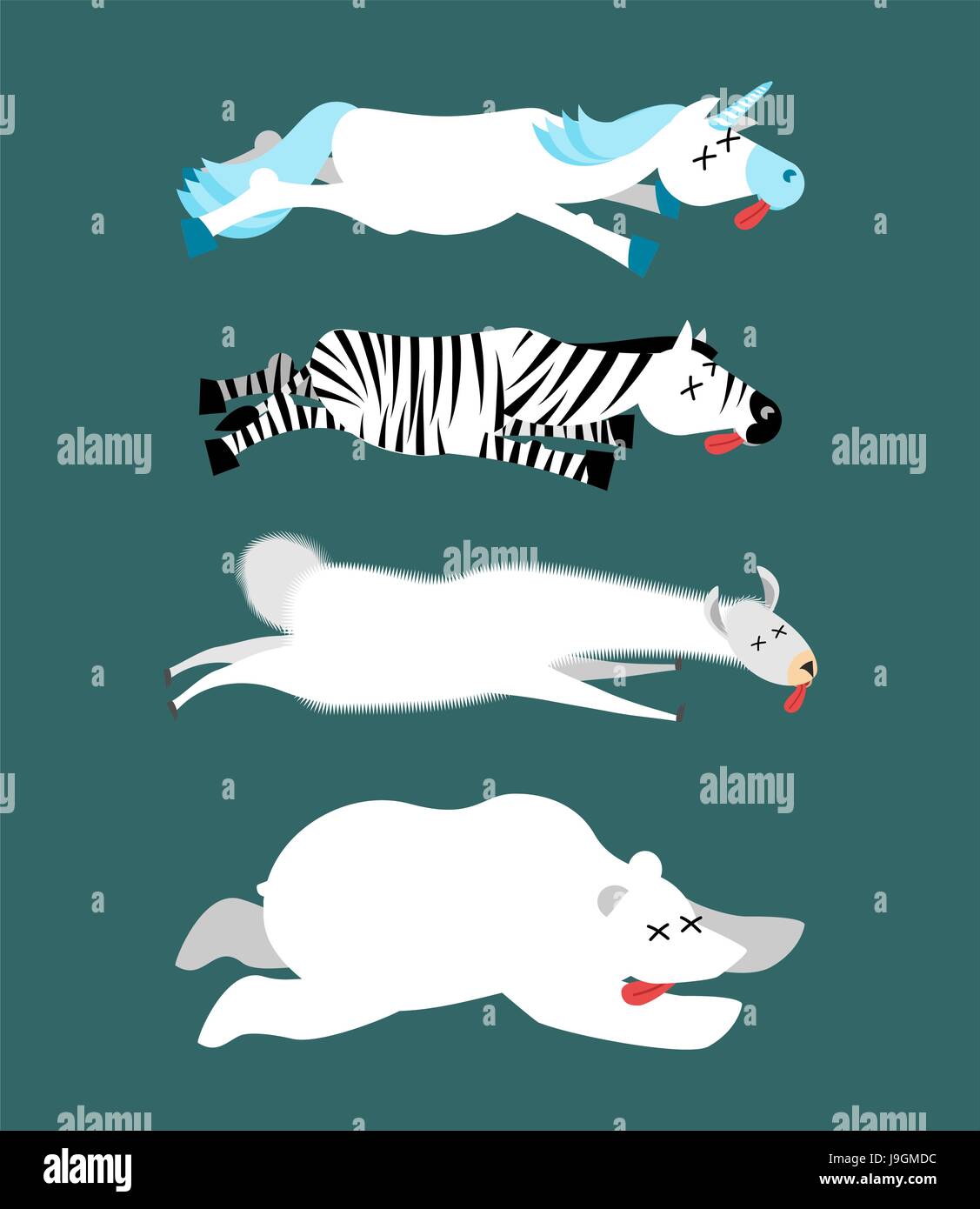 Tote Tiere set 1. Einhorn und Zebra. Lama und Eisbär. Tier ist der Tod. Leiche des Tieres Stock Vektor