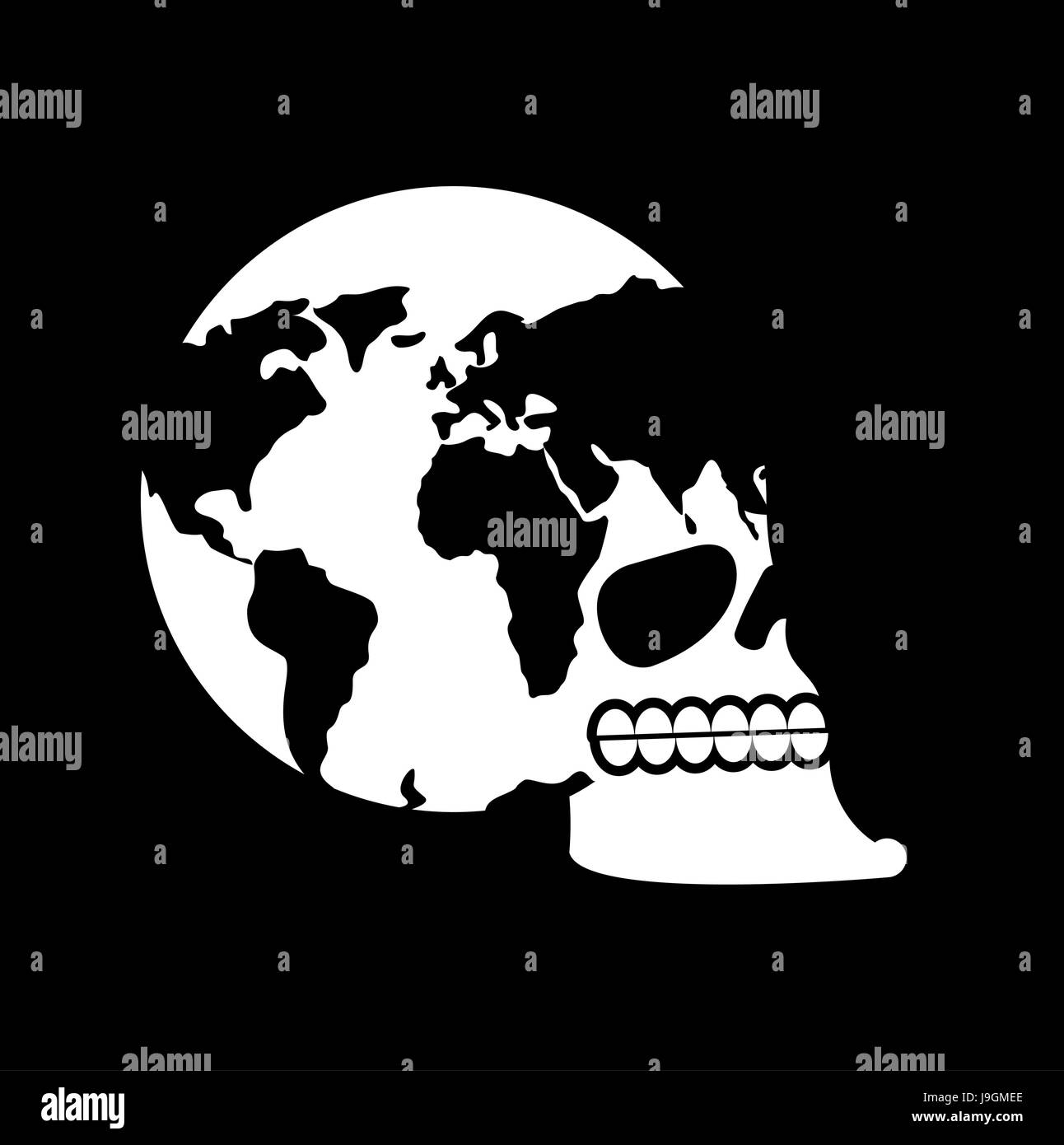 Erde-Schädel. Leiter des Skeletts ist Planet. Kontinente und Ozeane. globale Tod Stock Vektor