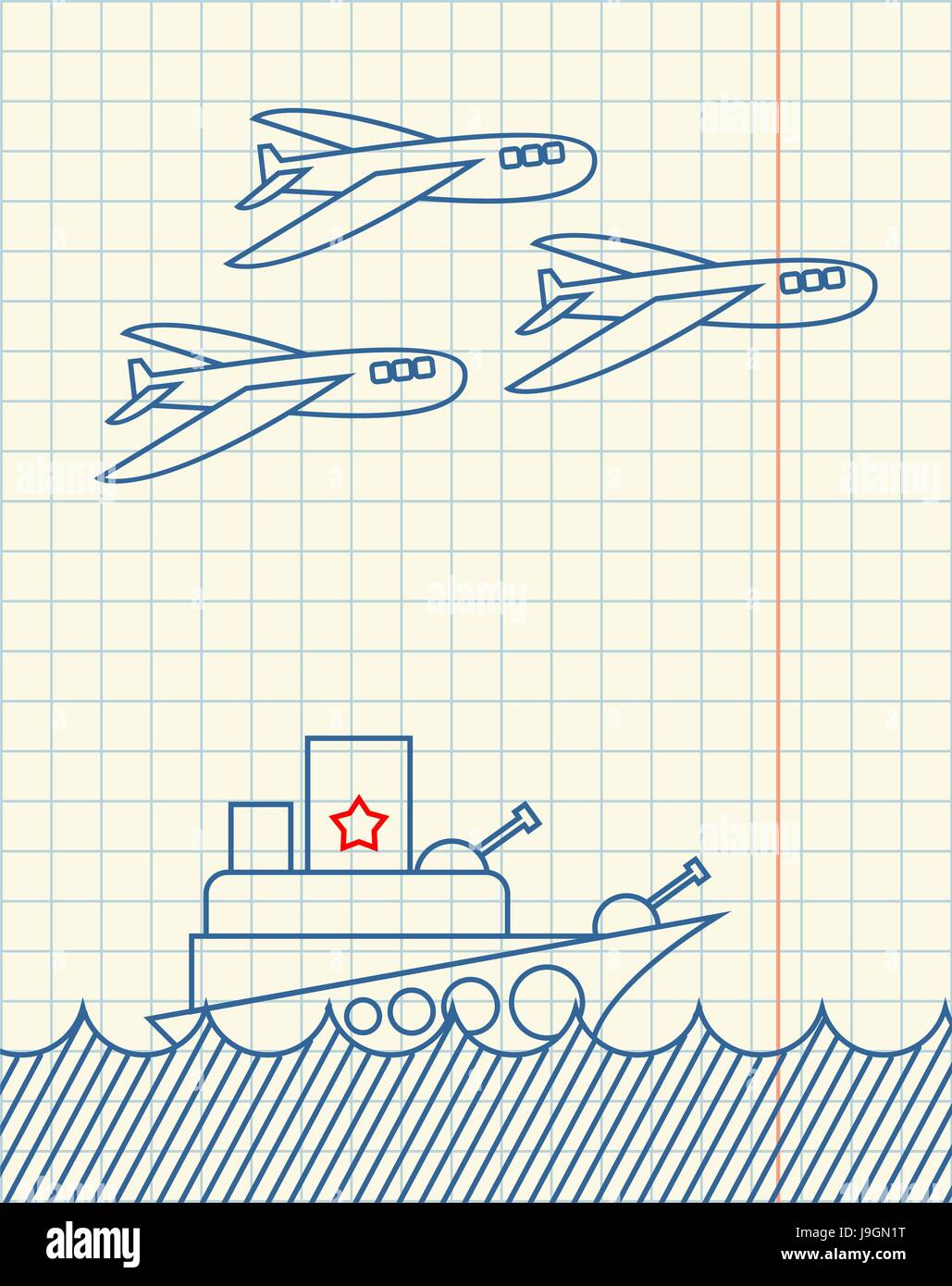 Kriegsschiffe und Militärflugzeuge Hand im Notizbuch Papier zeichnen. 23. Februar. Grußkarte. Armee-Urlaub in Russland. Tag der Verteidiger des Vaterlandes Stock Vektor