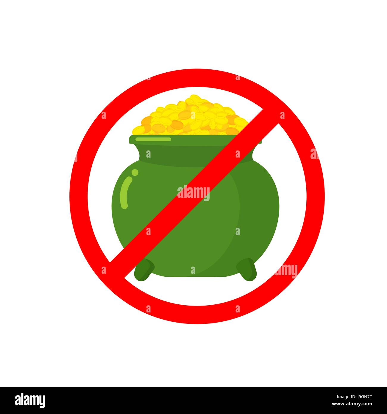 Kobold gold Schatz zu stoppen. Topf mit goldenen Münzen auf roten Ring. Verkehrszeichen Verbot für Urlaub in Irland. St.Patricks Day Stock Vektor