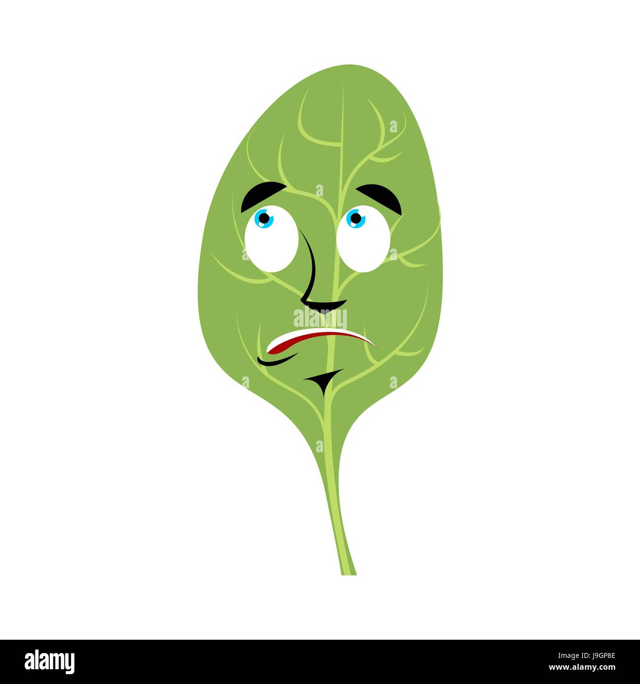 Spinat überrascht Emoji. Grüne Blätter erstaunt Emotion isoliert Stock Vektor