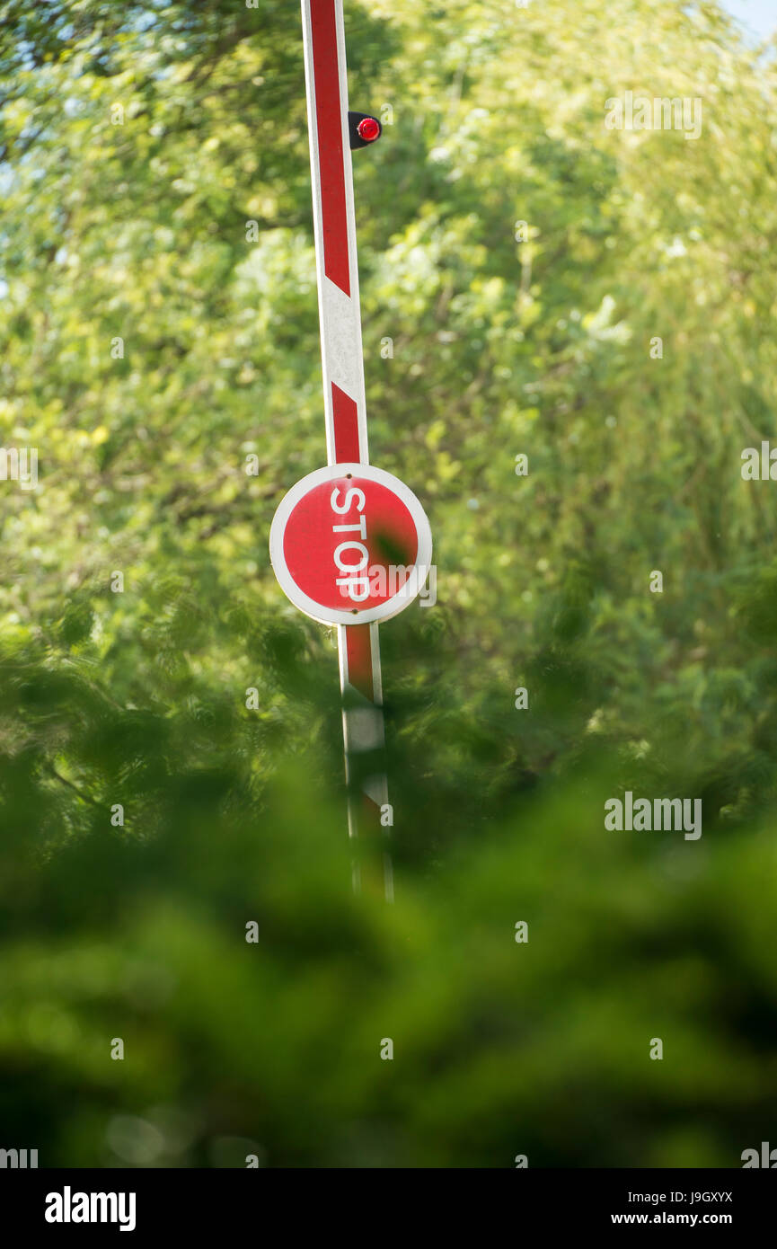 Angesprochen roten und weißen Barriere Stoppschild, im Vordergrund unscharf grüne Laub, hinter der Schranke mechanische orange Bagger, über grüne Bäume Stockfoto