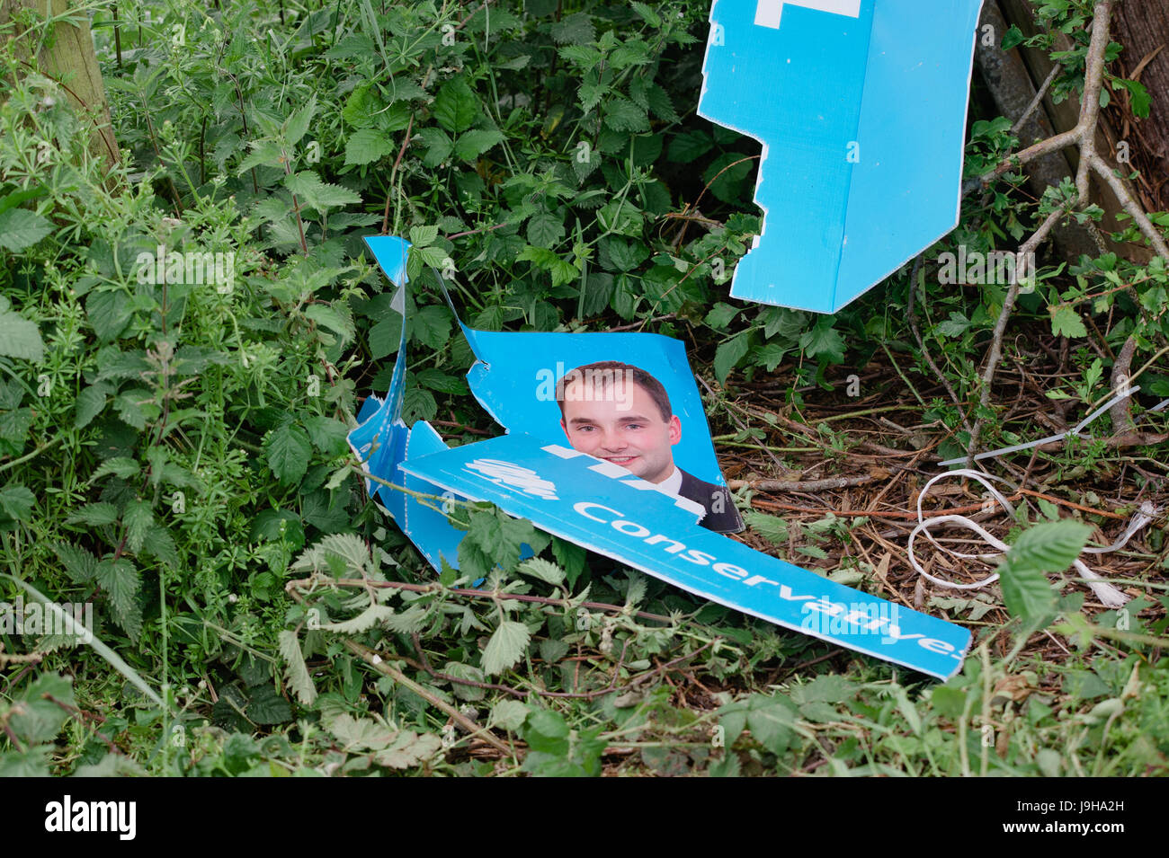 Konservative Partei Wahl Zeichen verwüstet & in Yate, North Bristol zerstört. Kandidaten für den lokalen Bereich ist Luke Hall. Stockfoto