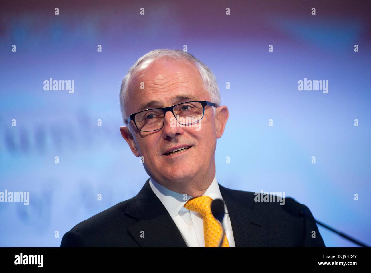 Australischer Premierminister Malcolm Turnbull liefert die Key-Note-Adresse zum Auftakt der IISS Shangri-La Dialog Gipfeltreffen 2. Juni 2017 in Singapur. Der Gipfel ist ein Asien-Schwerpunkt Verteidigung treffen. Stockfoto