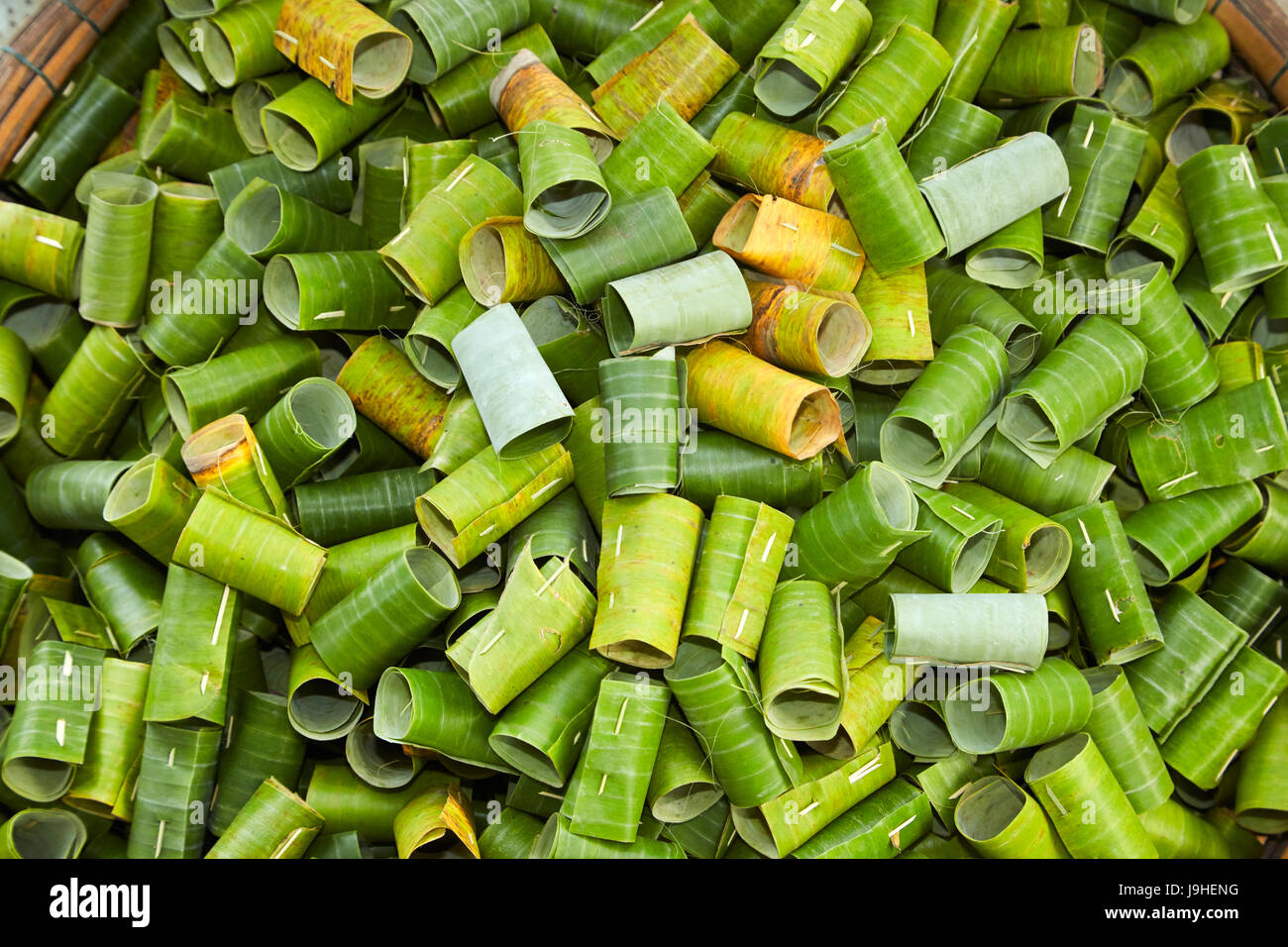 Bananenblatt Töpfe für Sämlinge eine Gärtnerei kann Tho Fluss, in der Nähe von Can Tho, Mekong-Delta, Vietnam Stockfoto