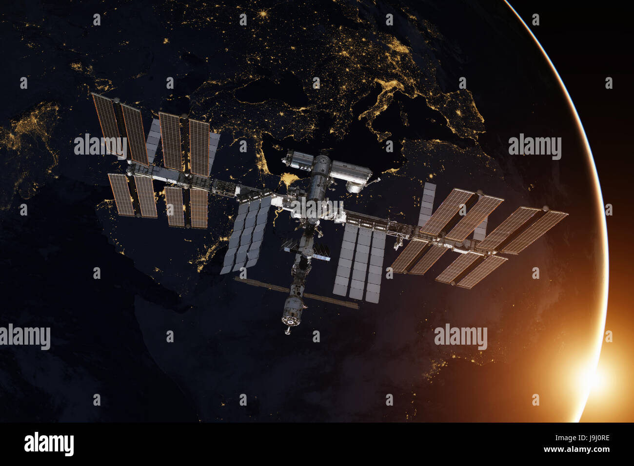 Internationale Raumstation ISS über die Erde. Stockfoto