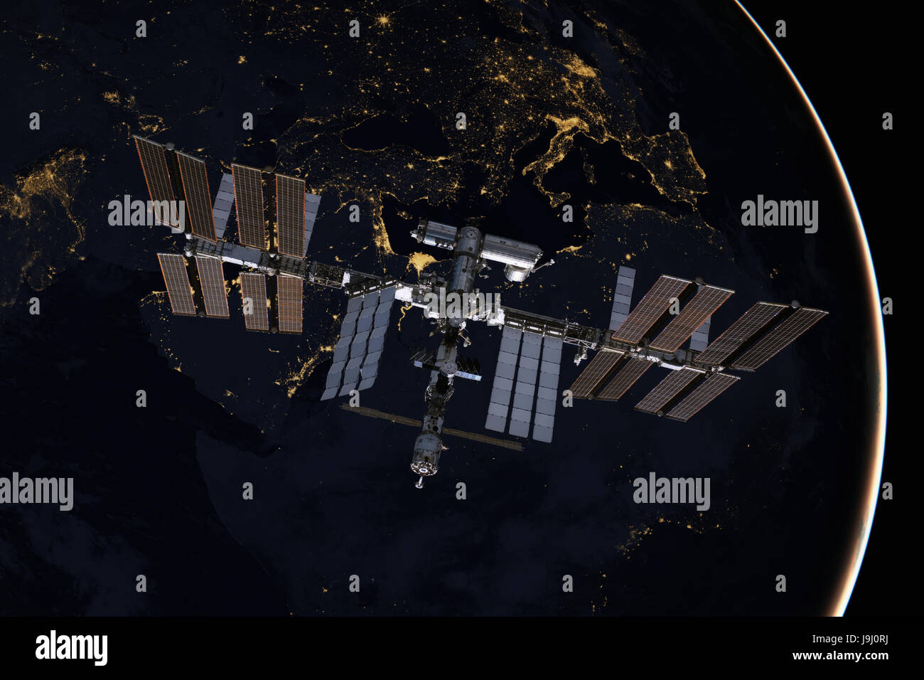 Internationale Raumstation ISS über Europa. Stockfoto