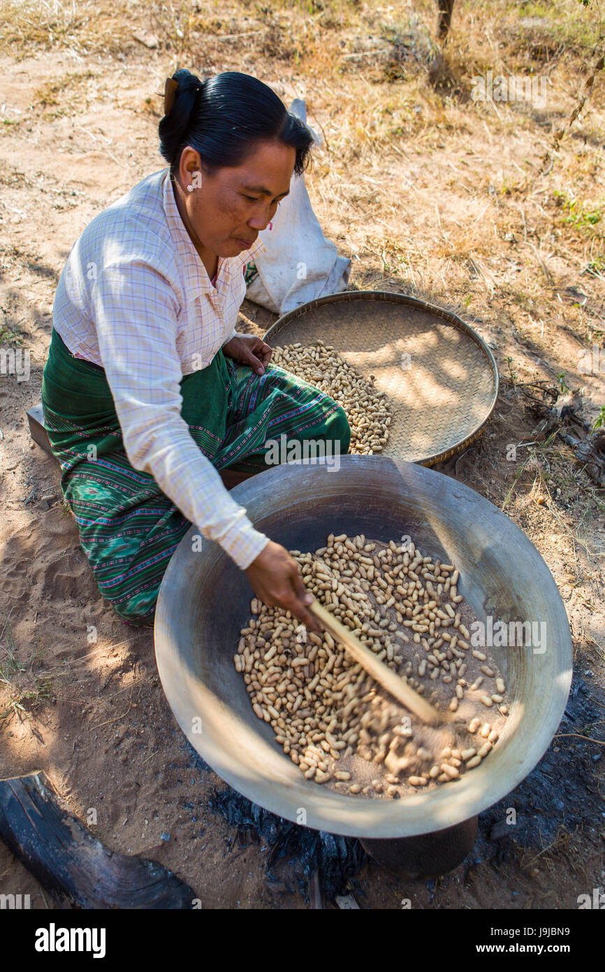 Myanmar, Mandalay Provinz, toasten Erdnüsse Stockfoto