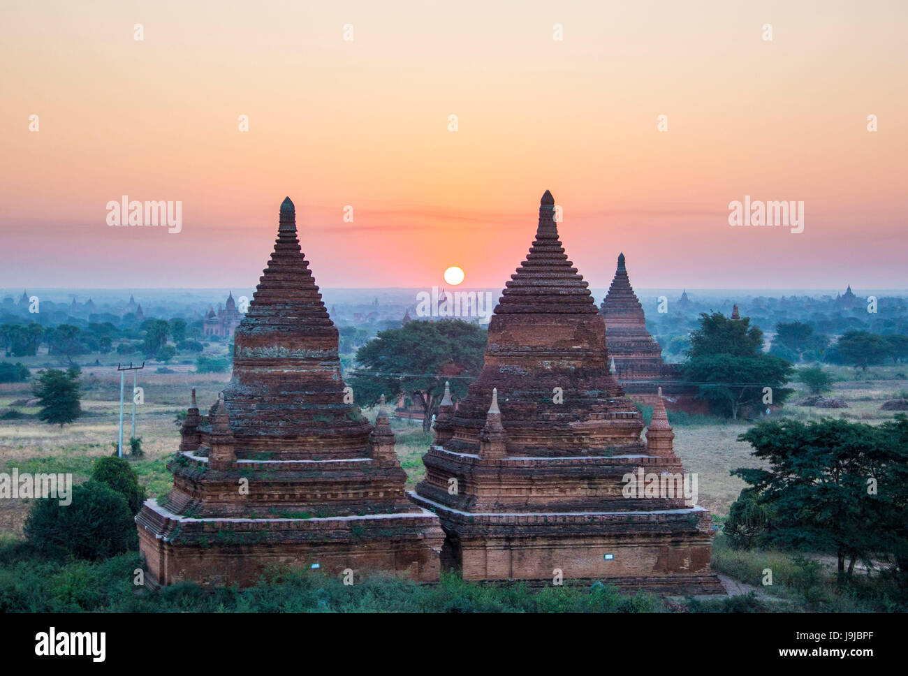 Myanmar, Provinz von Mandalay, Bagan Stadt, Sonnenaufgang Stockfoto