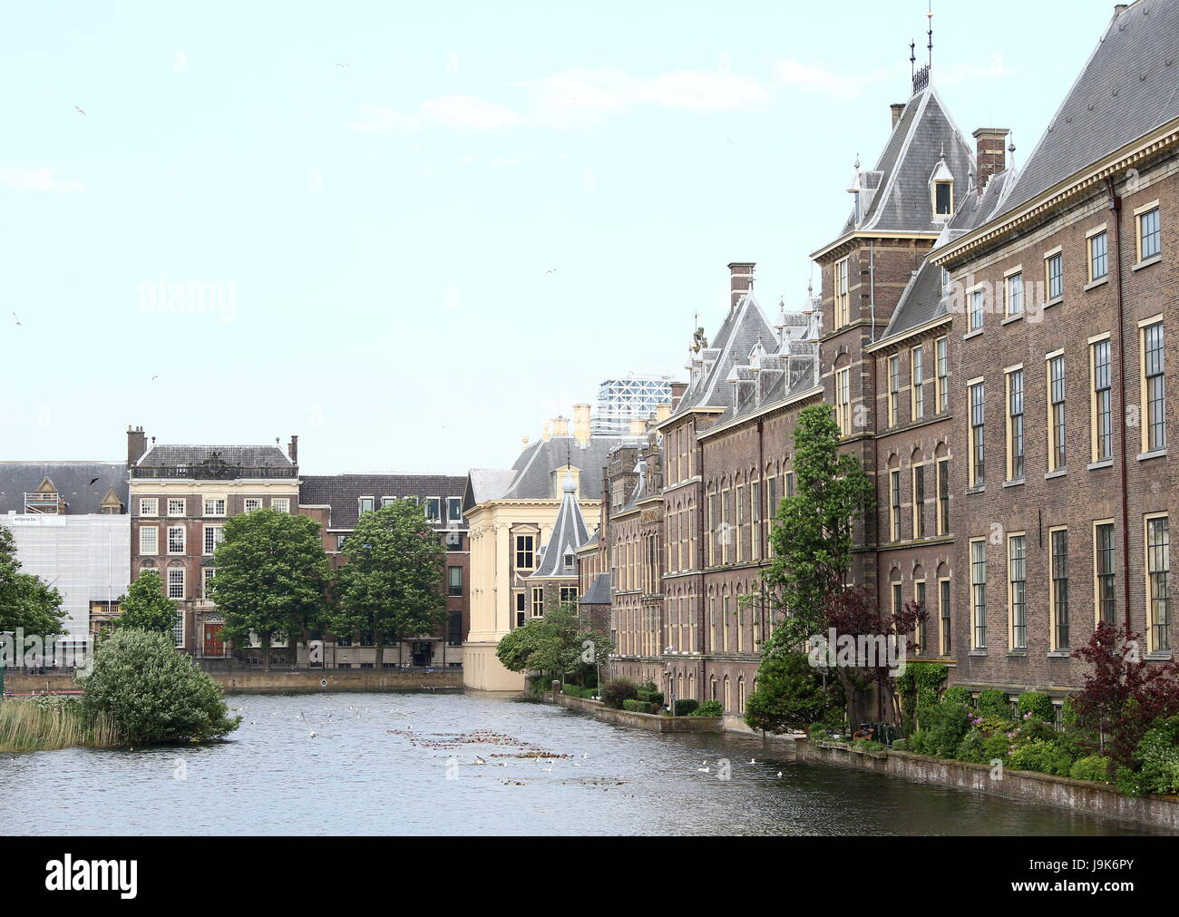 Buitenhof in Den Haag (Den Haag), Niederlande. Hofvijver Teich. Binnenhof, Sitz der niederländischen Parlament und Regierung Stockfoto
